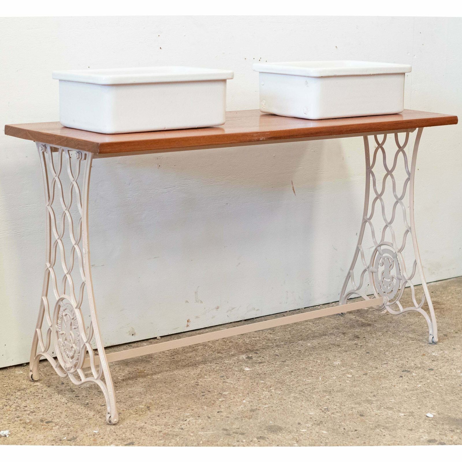 Twin Countertop Butler Sinks On Reclaimed Cast Iron And Teak Unit photo Furniture