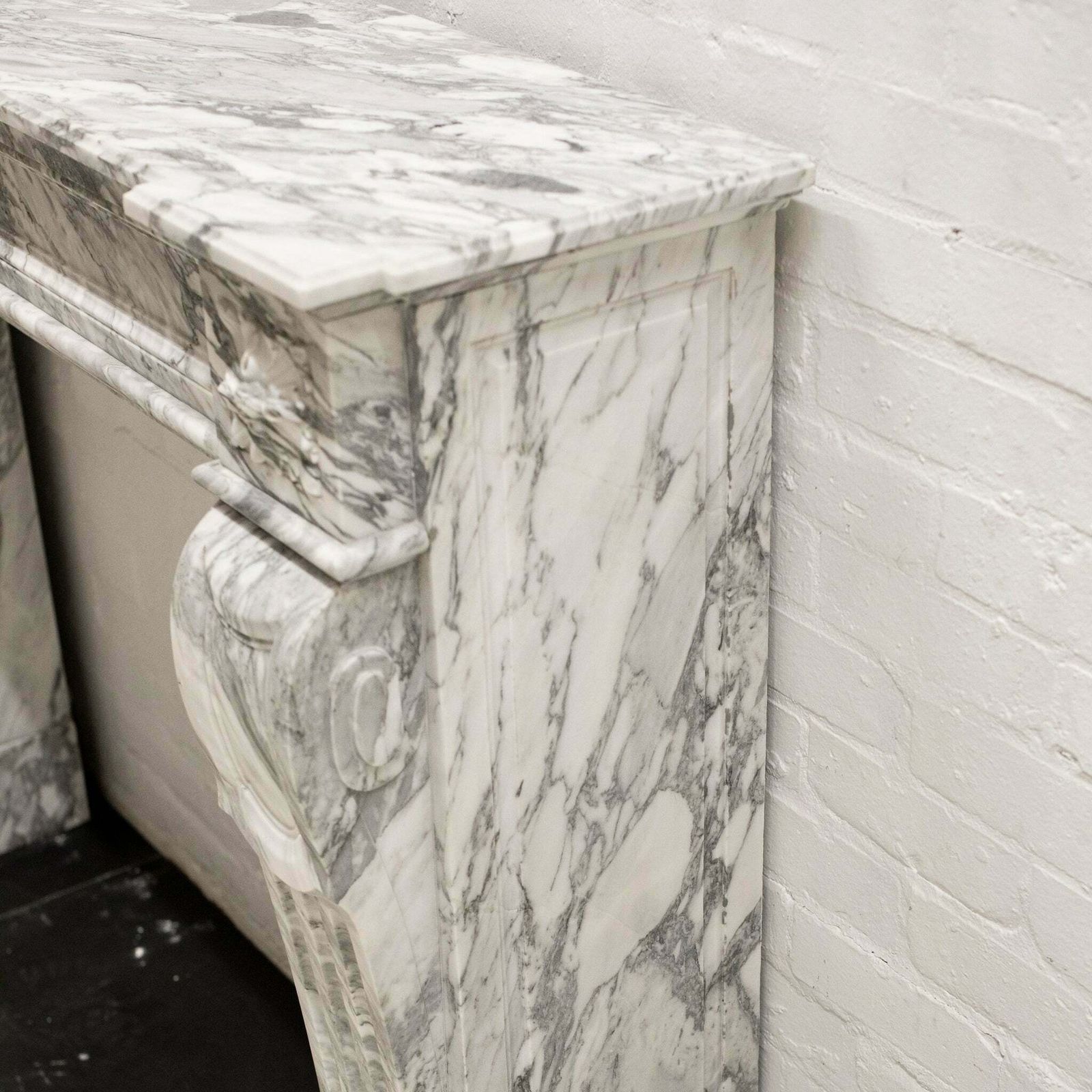 photo for sale Louis XVI Style Italian Arabescato Marble Fireplace