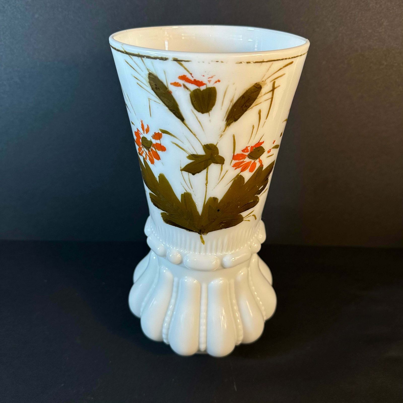 Beautiful French Antique White Milk Glass Vase Handpainted Gold/Orange photo furniture