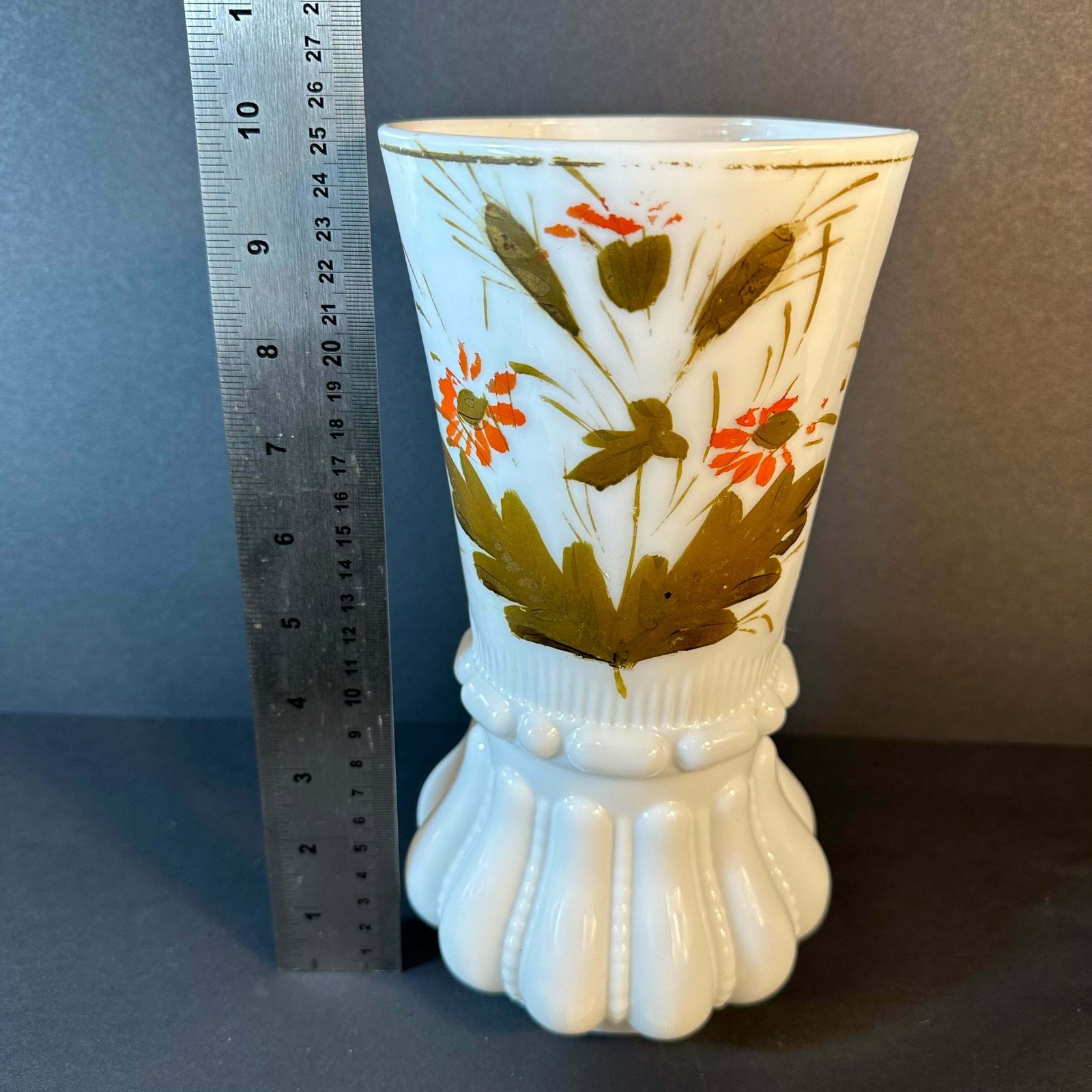 Beautiful French Antique White Milk Glass Vase Handpainted Gold/Orange photo 175.0