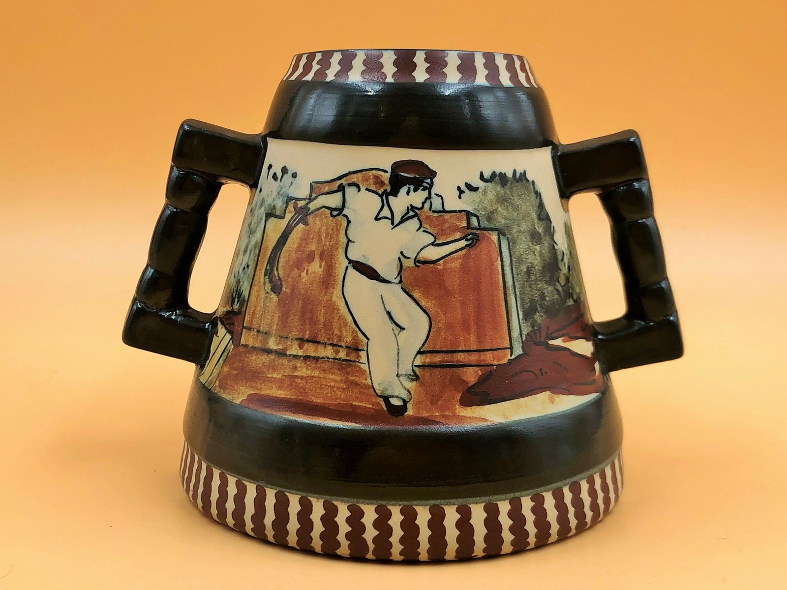 R F Ciboure Basque Stoneware Twin Handled Design Studio Pottery Vase. Signed   Folgous. C1945   77.