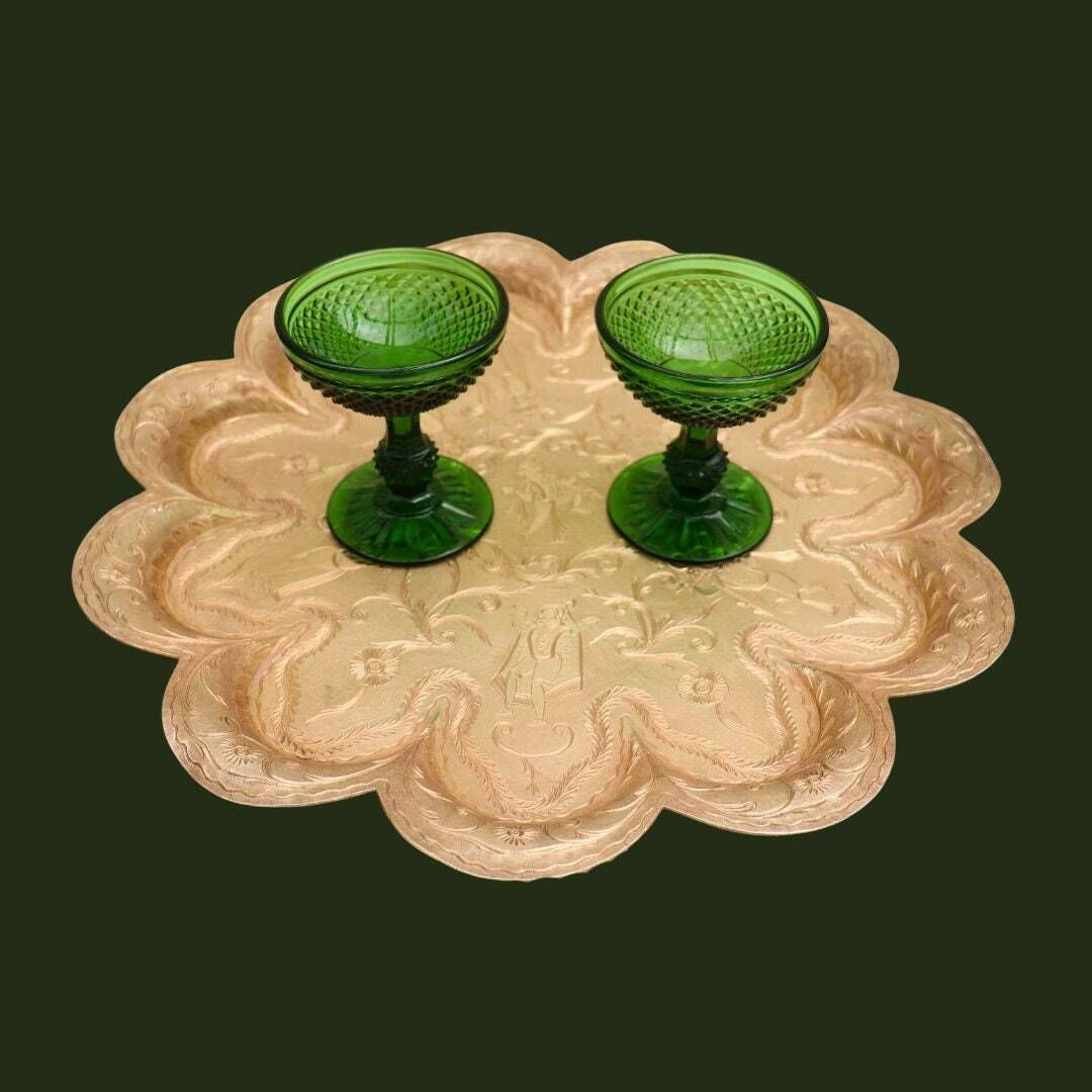 Large Antique Indian Hand Engraved Brass Tray With Figural And Foliate Decoration And Scalloped Edges Diameter 16 '' photo furniture
