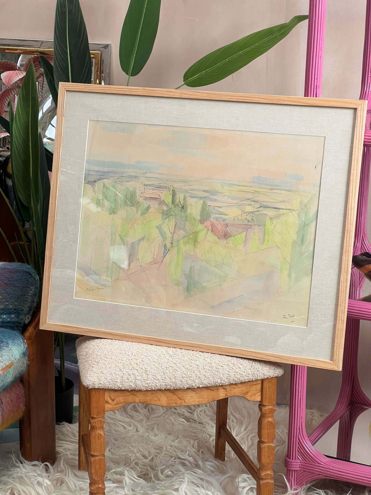 Beautiful Neon Framed Watercolour Painting By Belgium Artist Renè Mels 1951