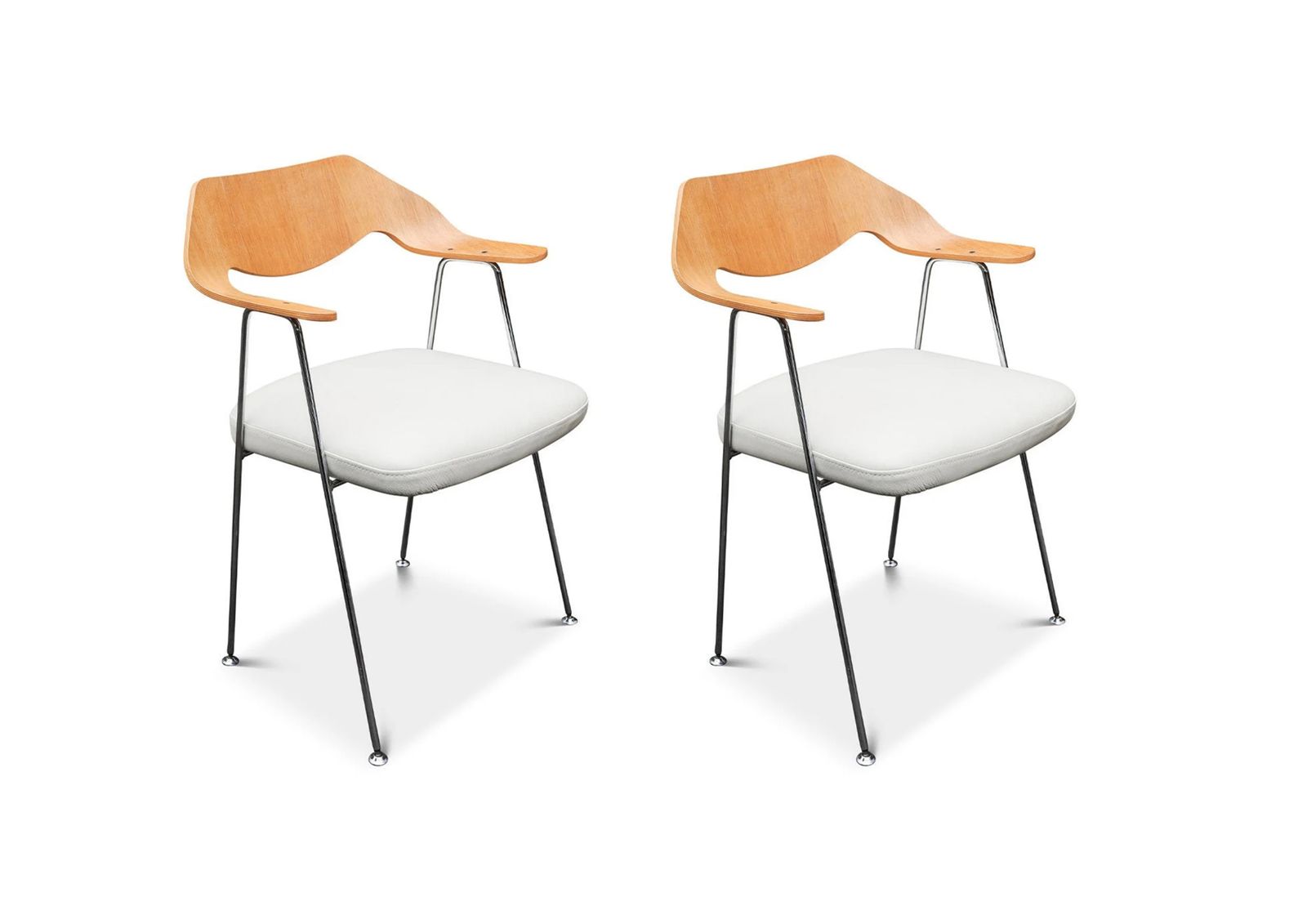 Pair Of Hille By British Designer Robin Day Model 675 Bent Oak Plywood & Chrome Easy Chair With White Leather Seats 1960's Made In England Ol photo furniture