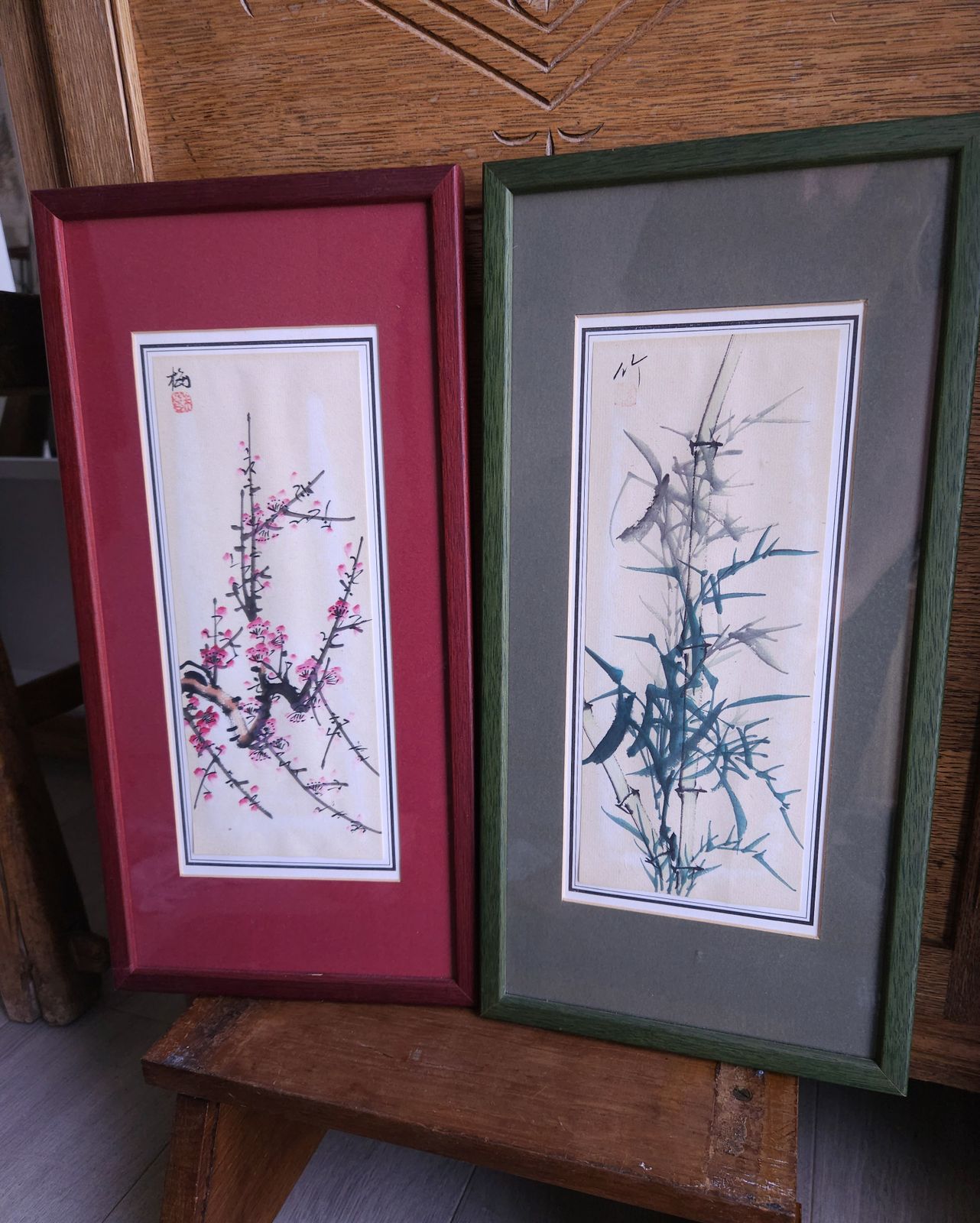 Pair Of Pretty Japanese Watercolours, Pink Cherry Blossom & Green Bamboo photo vintage
