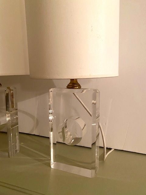 Hollywood Regency Fabulous Pair Of Lucite Table Lamps With Cylindrical White Shades photo furniture