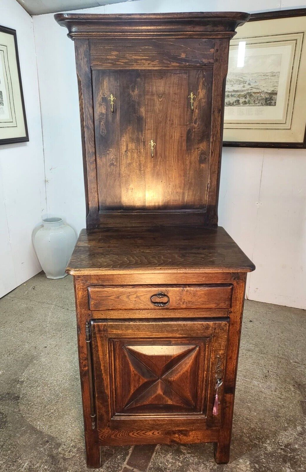 Vintage French 20thc Oak High Back Cupboard Hall Stand Wash Stand Drawer Shelves