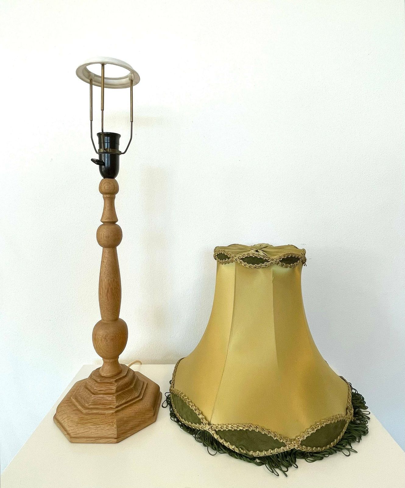 Majestic Danish Mid Century Vintage 1960s Solid Carved Wood Table Lamp With Gorgeous Green And Gold Fabric Shade In Elegant Design Details photo vinterior