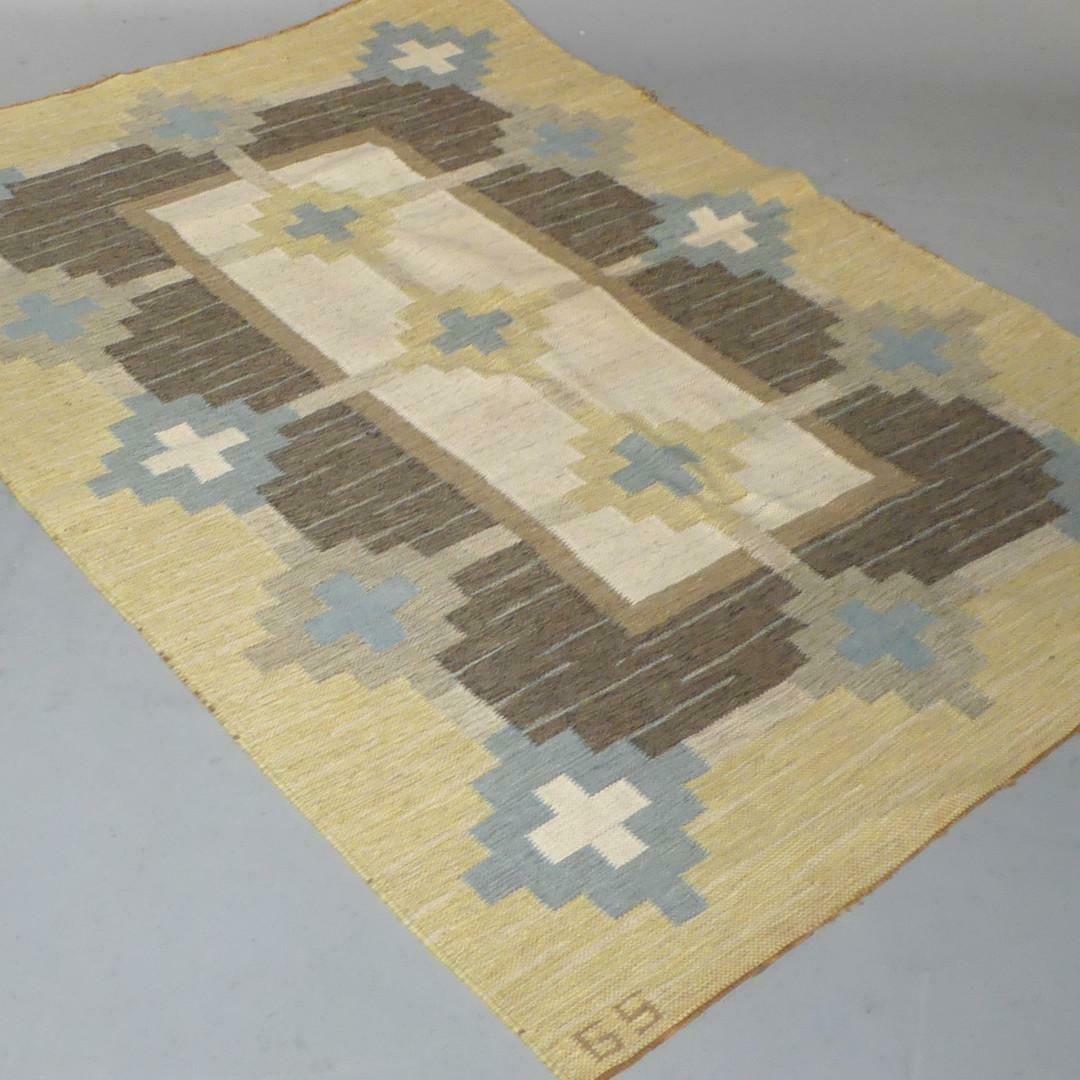 Swedish Kilim Flat Weave Rug Yellow, Signed Gs Sverker Greuholm Geometric photo 2100.0