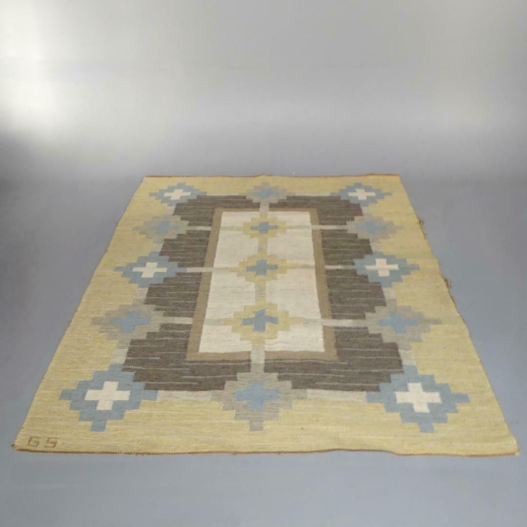 Swedish Kilim Flat Weave Rug Yellow, Signed Gs Sverker Greuholm Geometric photo vinterior