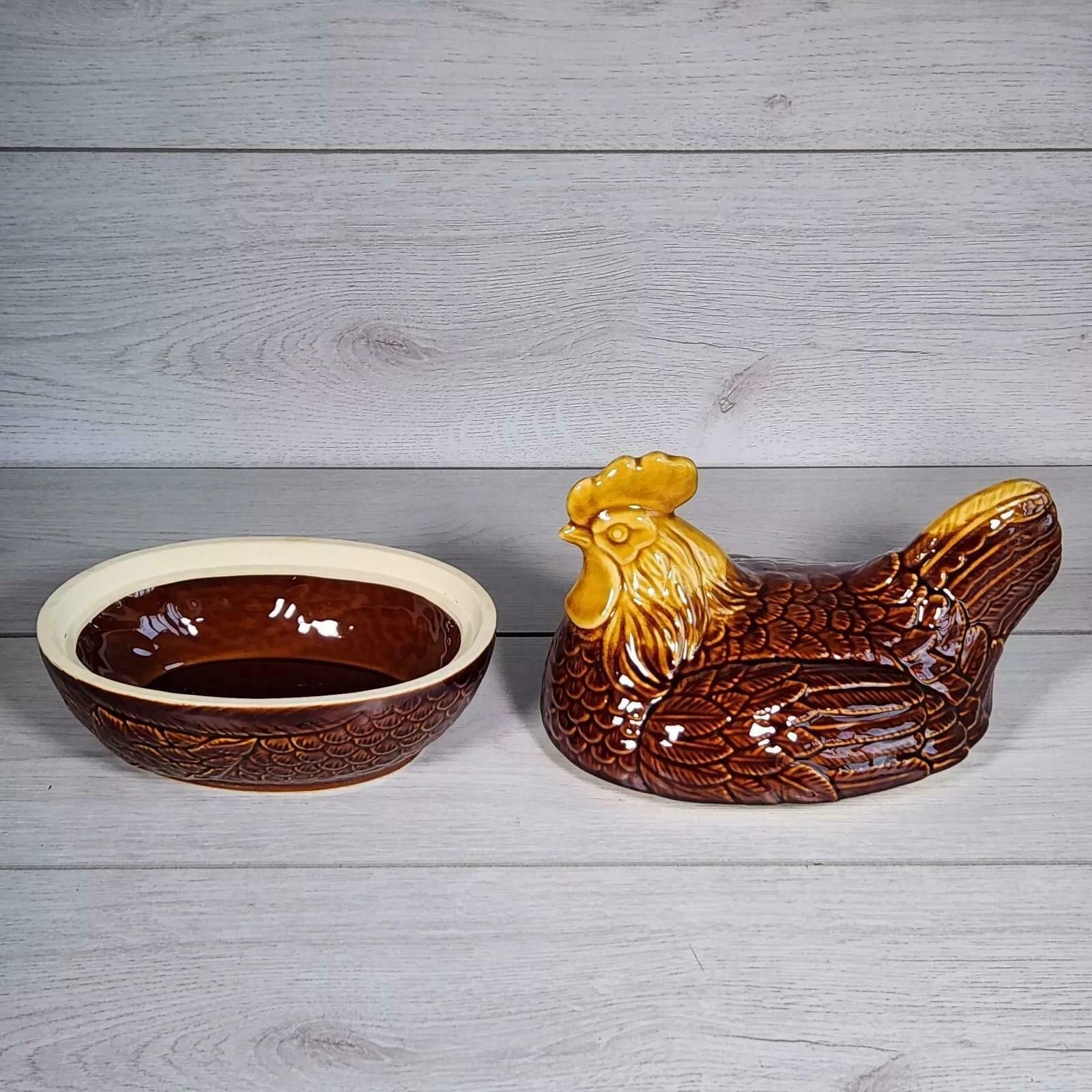 Chicken Hen Egg Holder Farmhouse Country Home Decor Japan Brown Glaze Vtg Dish photo furniture