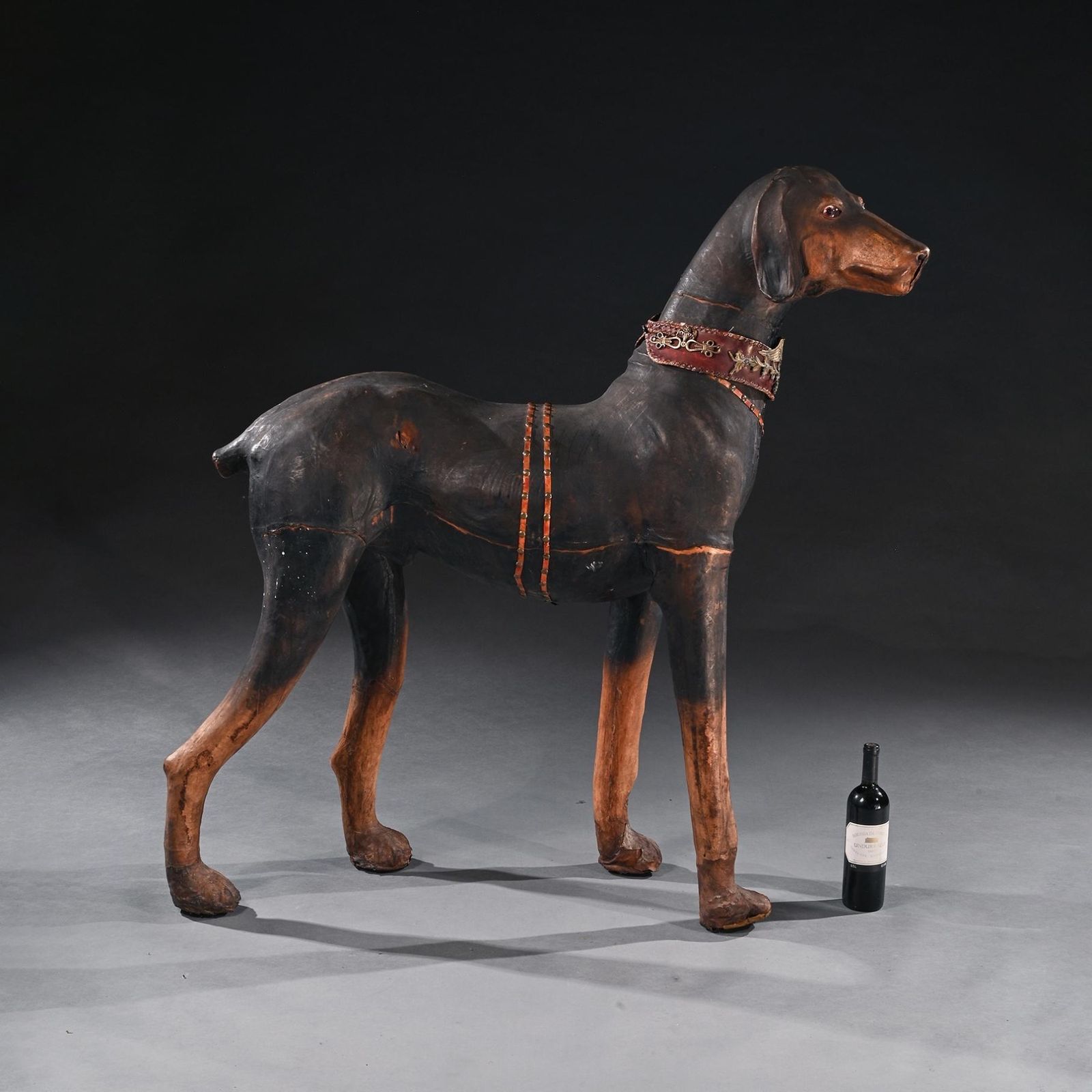 An Extraordinary Huge French Leather Model Of A Doberman Pinscher Dog Wearing Elaborate Collar With Ormolu Mounts And Harnesses