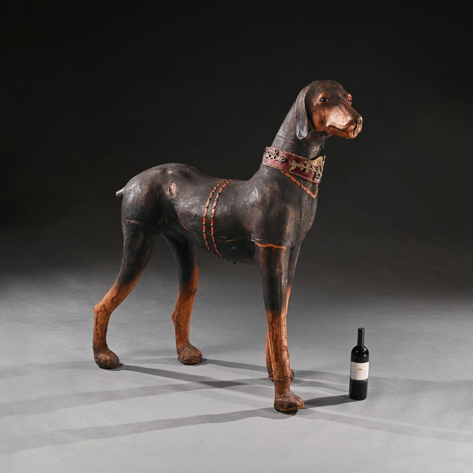 An Extraordinary Huge French Leather Model Of A Doberman Pinscher Dog Wearing Elaborate Collar With Ormolu Mounts And Harnesses photo vintage