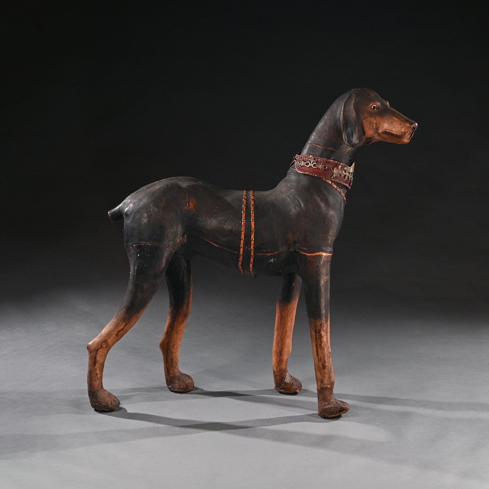 photo furniture An Extraordinary Huge French Leather Model Of A Doberman Pinscher Dog Wearing Elaborate Collar With Ormolu Mounts And Harnesses