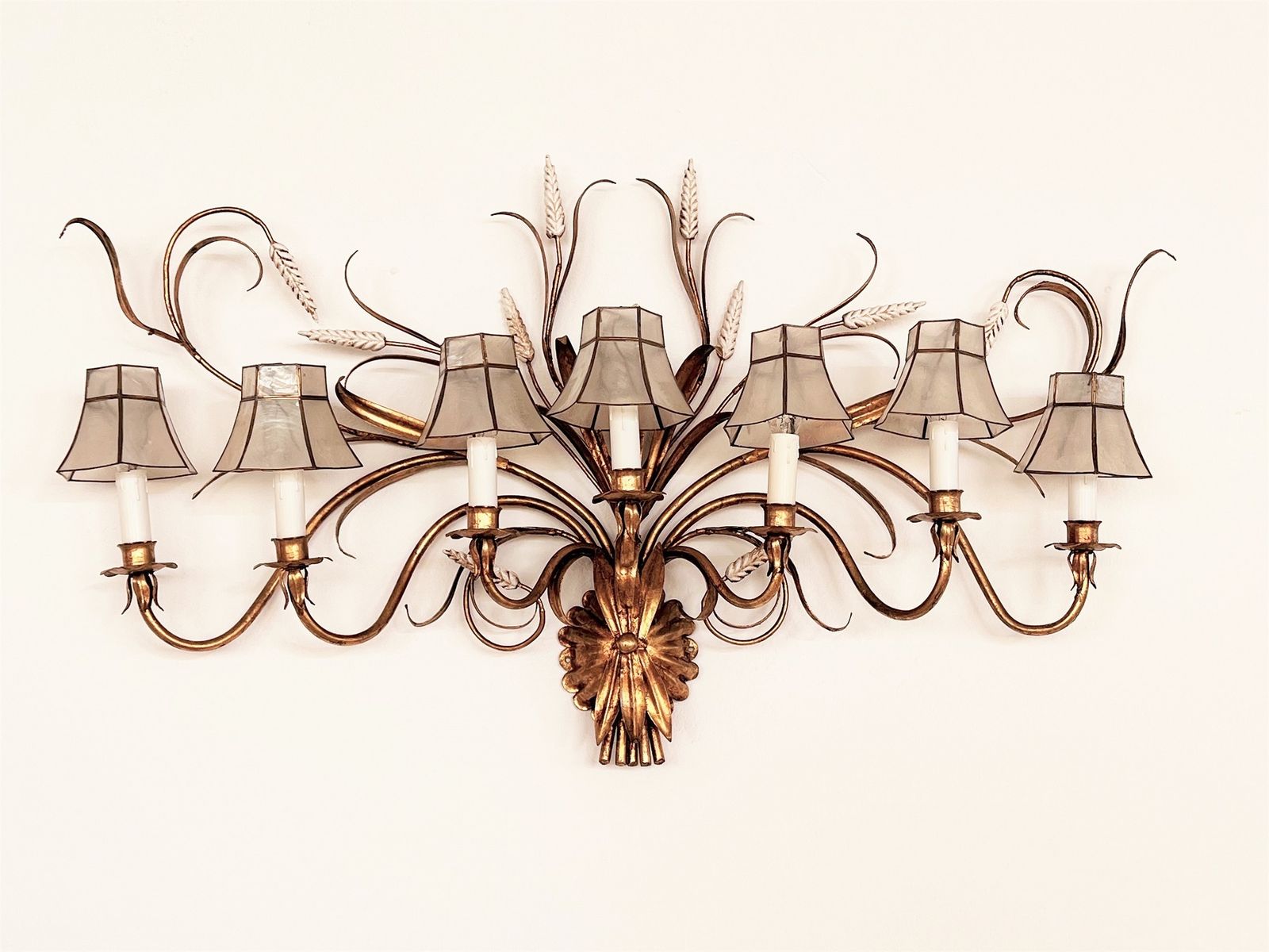 Large Gilt Wall Sconce With Wheat Sheaf And Original Lampshades, 1970s photo 1550.0