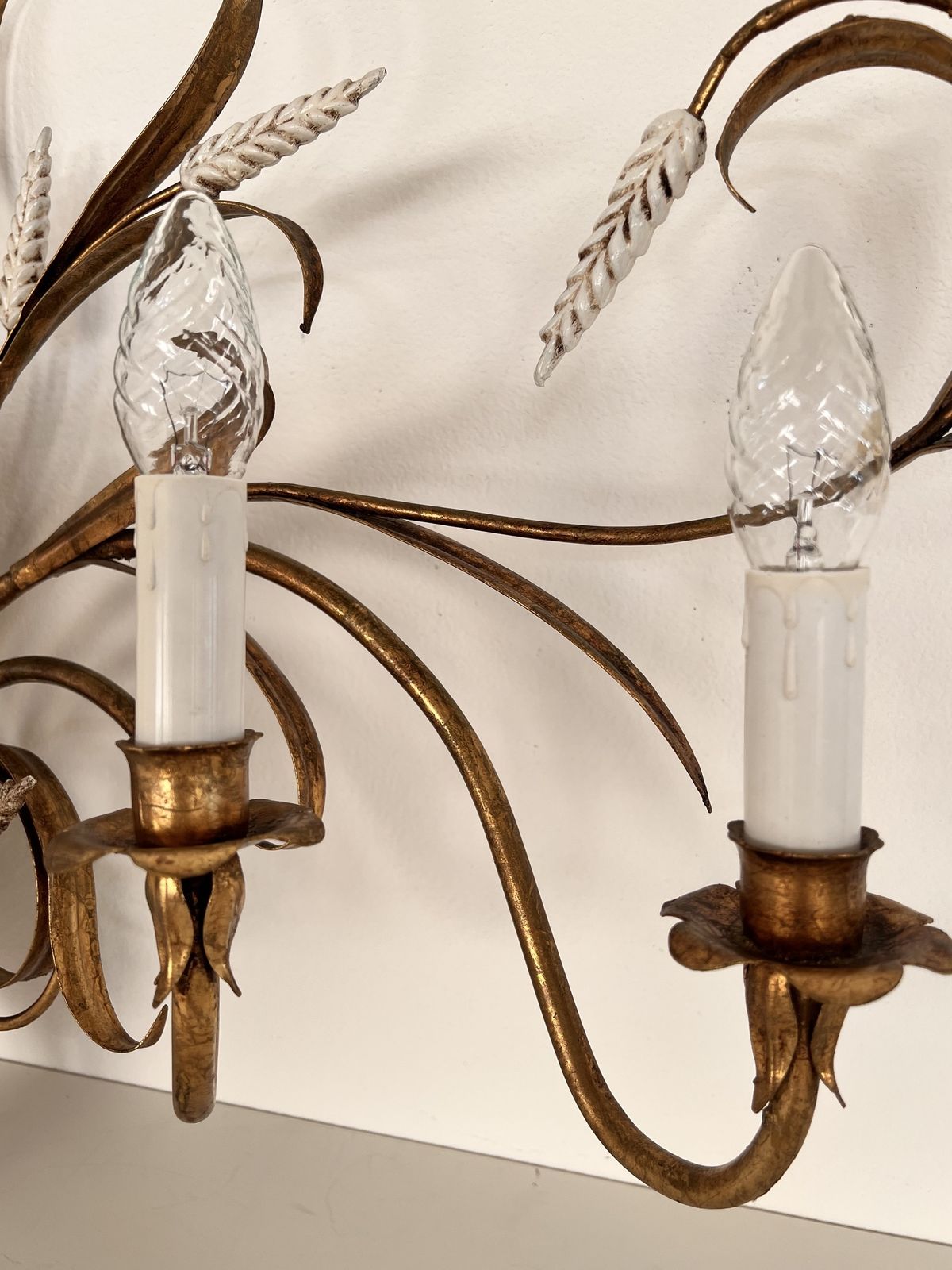 Large Gilt Wall Sconce With Wheat Sheaf And Original Lampshades, 1970s photo vintage