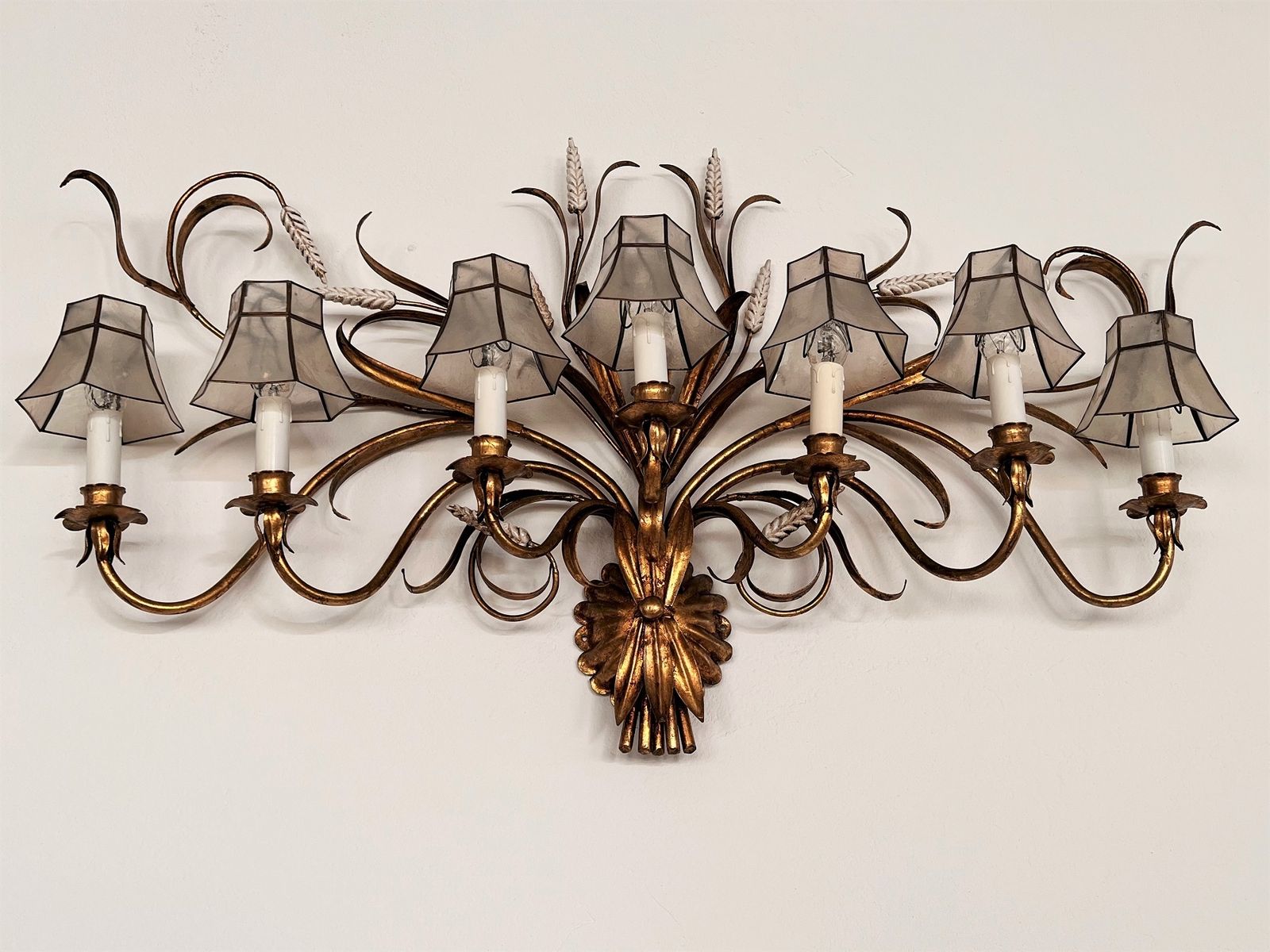 photo buy Large Gilt Wall Sconce With Wheat Sheaf And Original Lampshades, 1970s