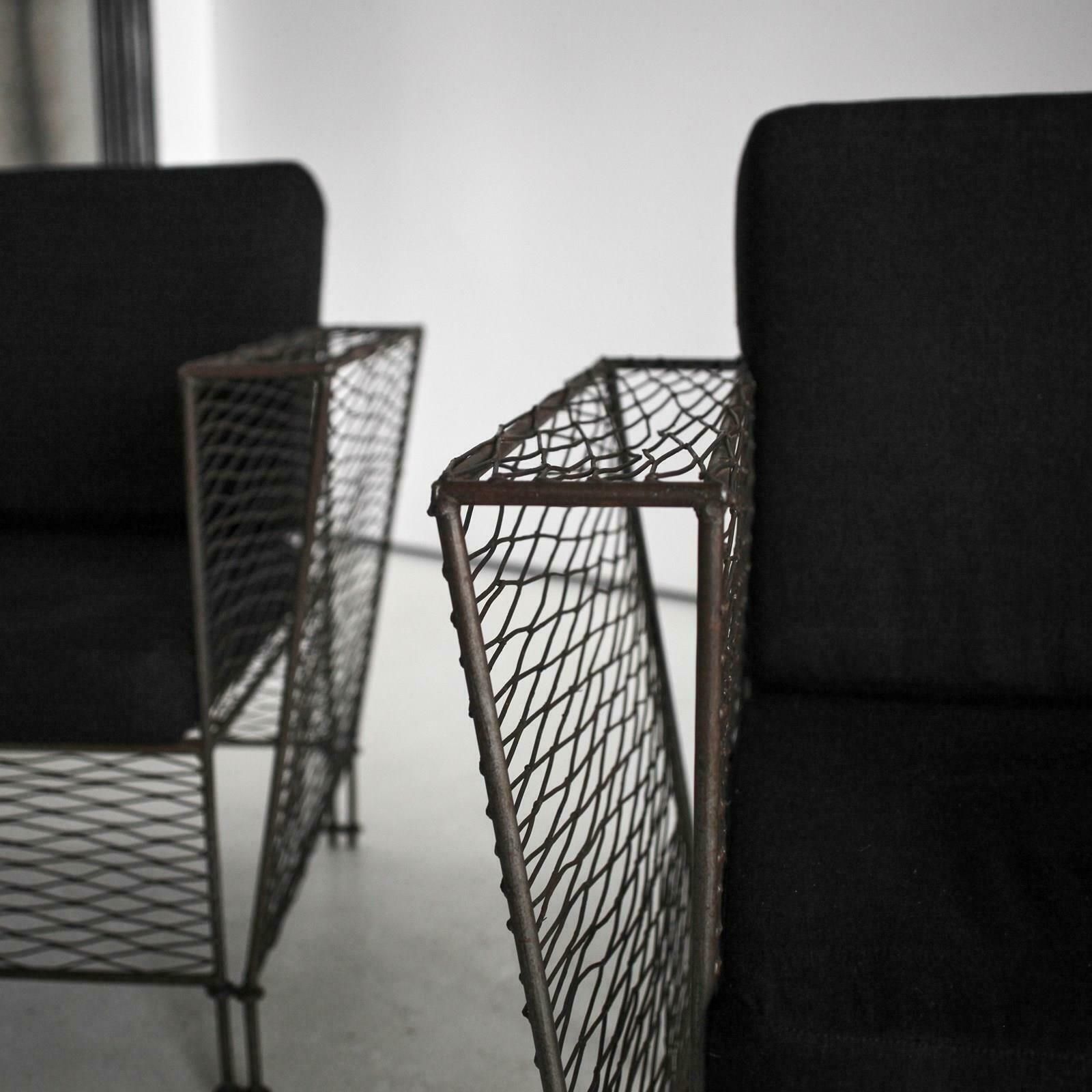 photo furniture Pair Of French Modernist Metal Upholstered Armchairs