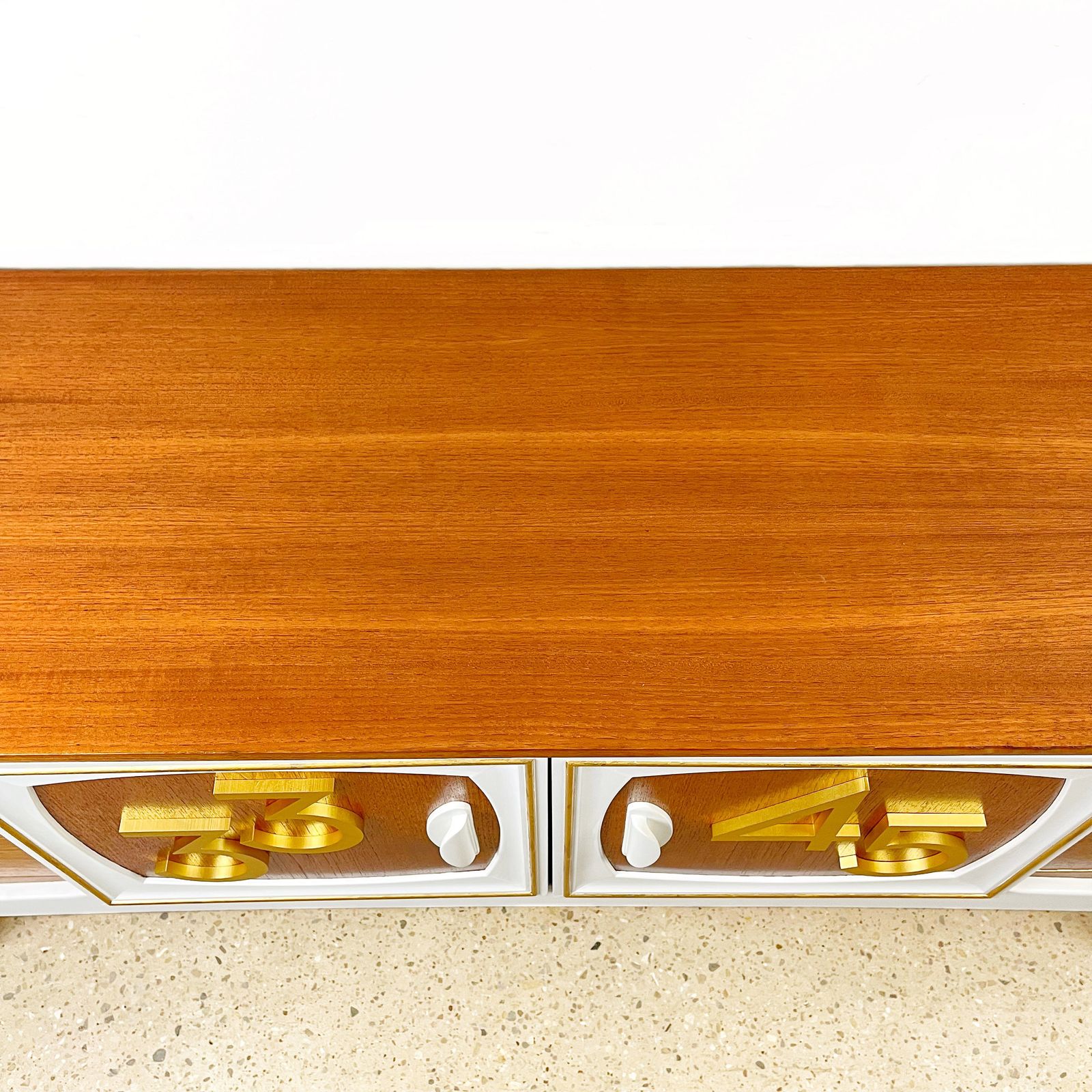 Mid Century Teak Vinyl Record Cabinet By Stonehill In Gold And White With 3d Rpm Numerals photo 2295.0