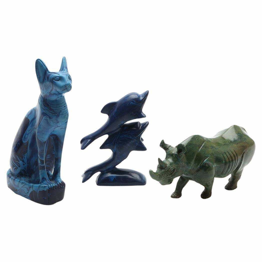 A Set Of 3 Antique Sculpture Decorative Stone Figurine Of Cat Rhinoceros Dolphin