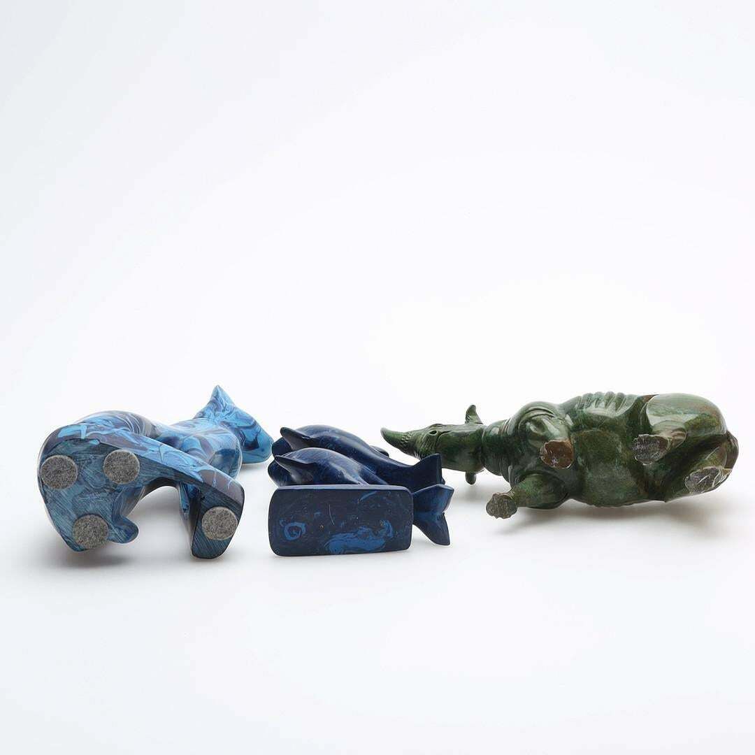 A Set Of 3 Antique Sculpture Decorative Stone Figurine Of Cat Rhinoceros Dolphin photo furniture