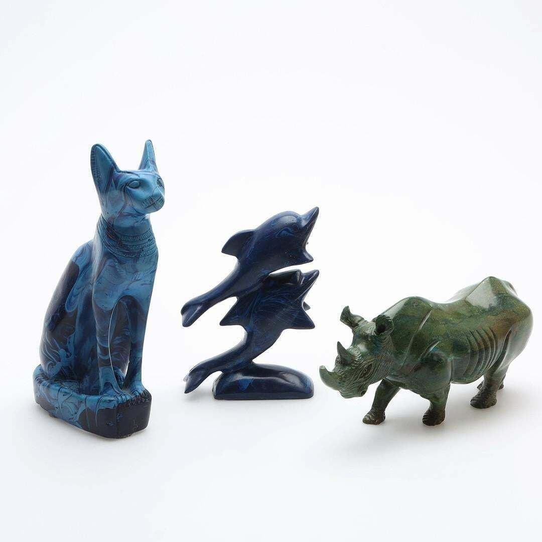 A Set Of 3 Antique Sculpture Decorative Stone Figurine Of Cat Rhinoceros Dolphin photo buy