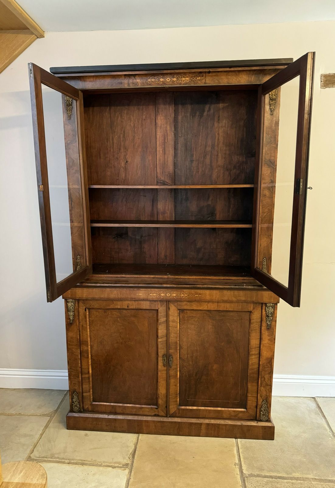 Fantastic Victorian Quality Burr Walnut Inlaid Bookcase Cabinet photo for sale