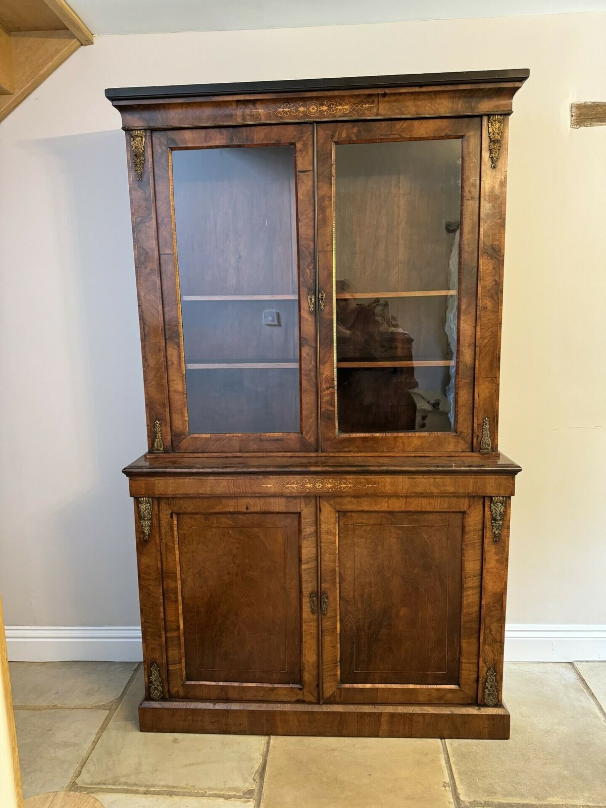 Fantastic Victorian Quality Burr Walnut Inlaid Bookcase Cabinet photo buy