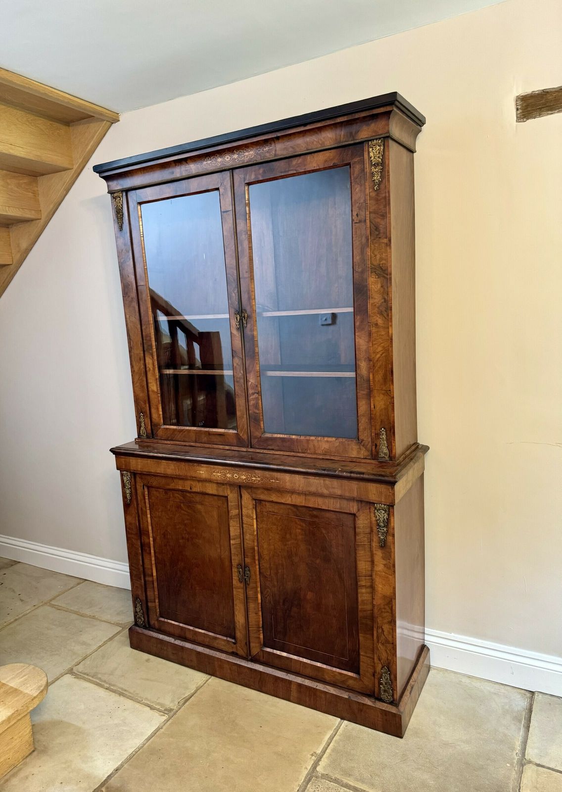 photo furniture Fantastic Victorian Quality Burr Walnut Inlaid Bookcase Cabinet
