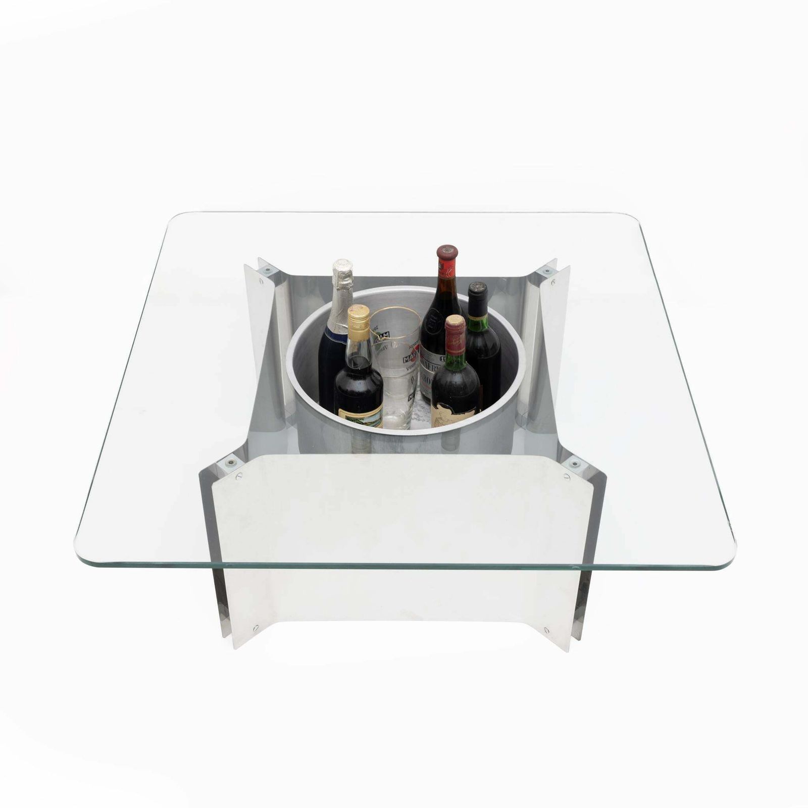 Michel Boyer Style Mid Century Modern French Steel And Glass Coffee Table, 1970s photo for sale
