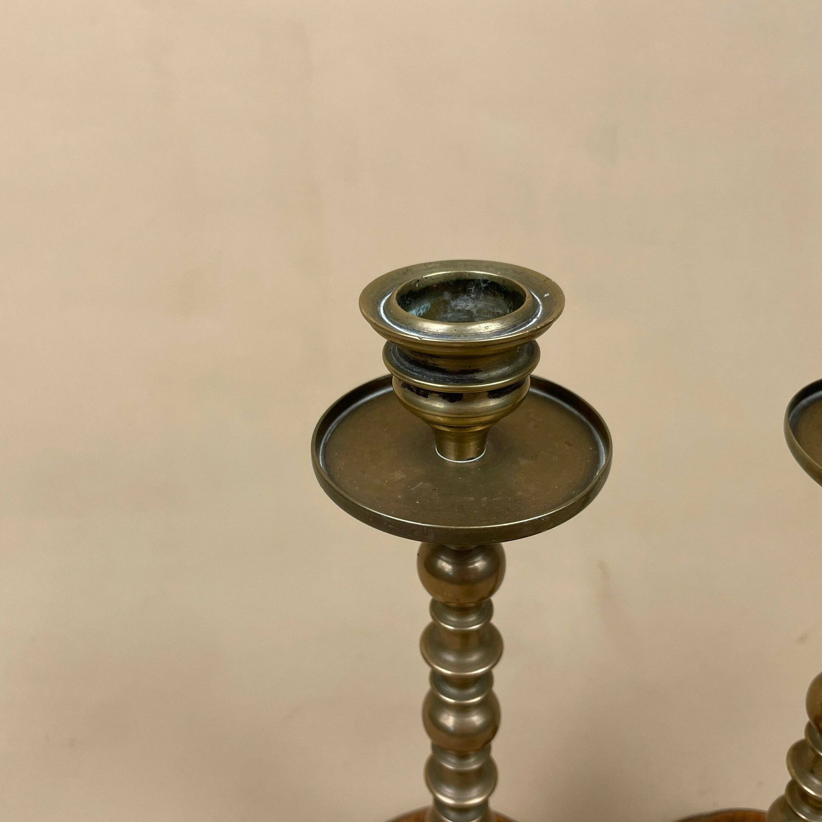 Antique Matching Pair Of Gold Solid Brass Metal Candlestick Candle Stick Vintage Column Taper Dinner Candlesticks Wood Wooden Base photo vinterior