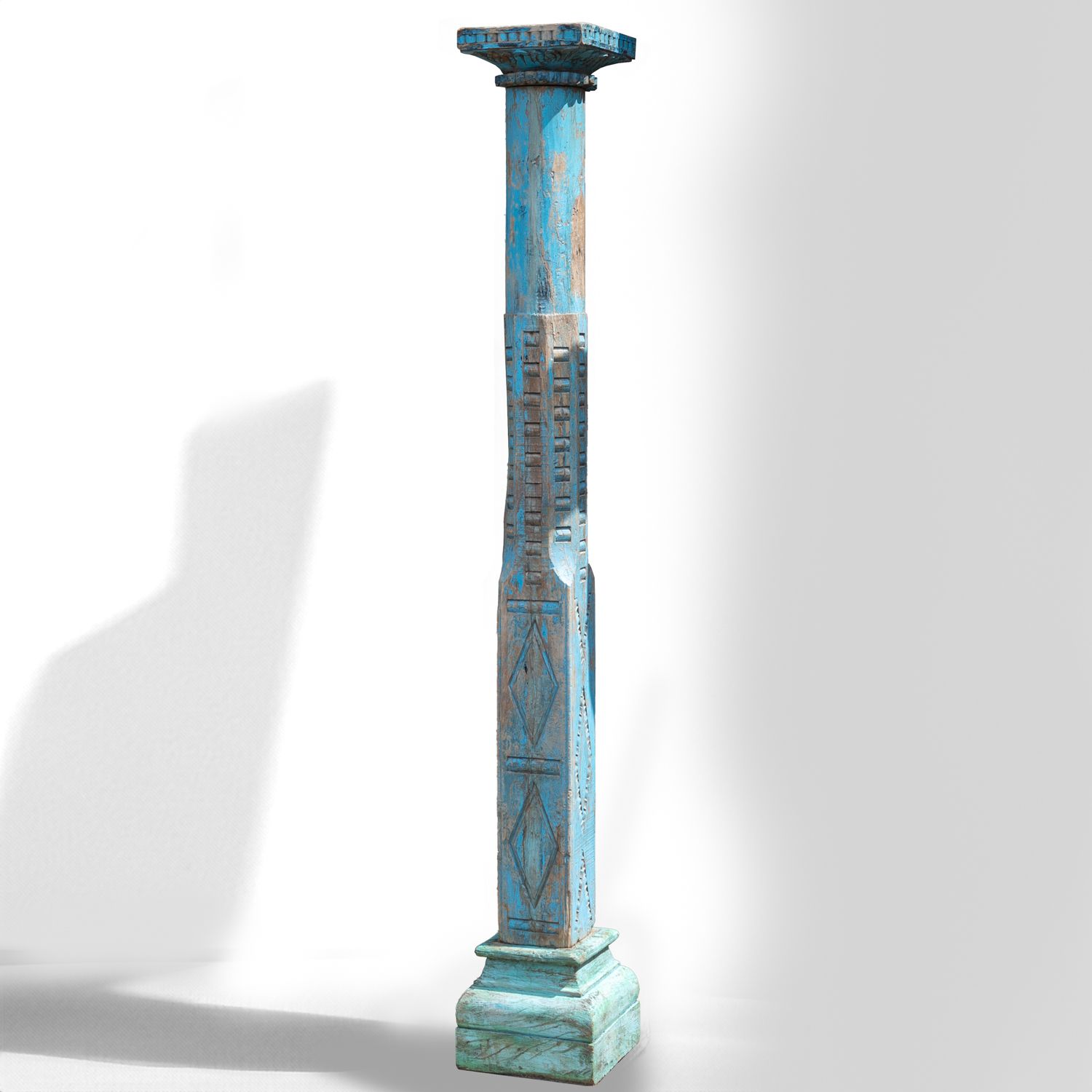 Pair Of Reclaimed Blue Carved Indian Columns On Wooden Plinths photo 985.0