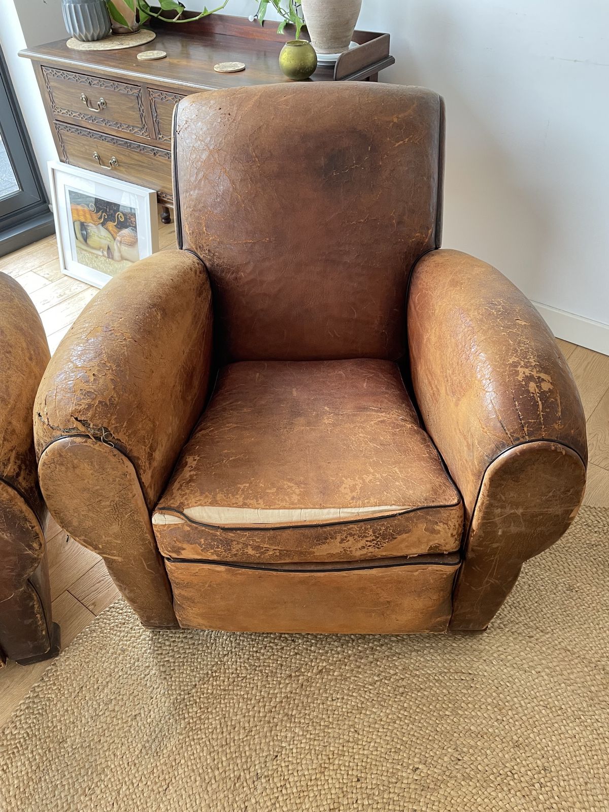 Pair Of French Brown Leather Club Chairs Circa 1920 30 Original Condition photo vinterior