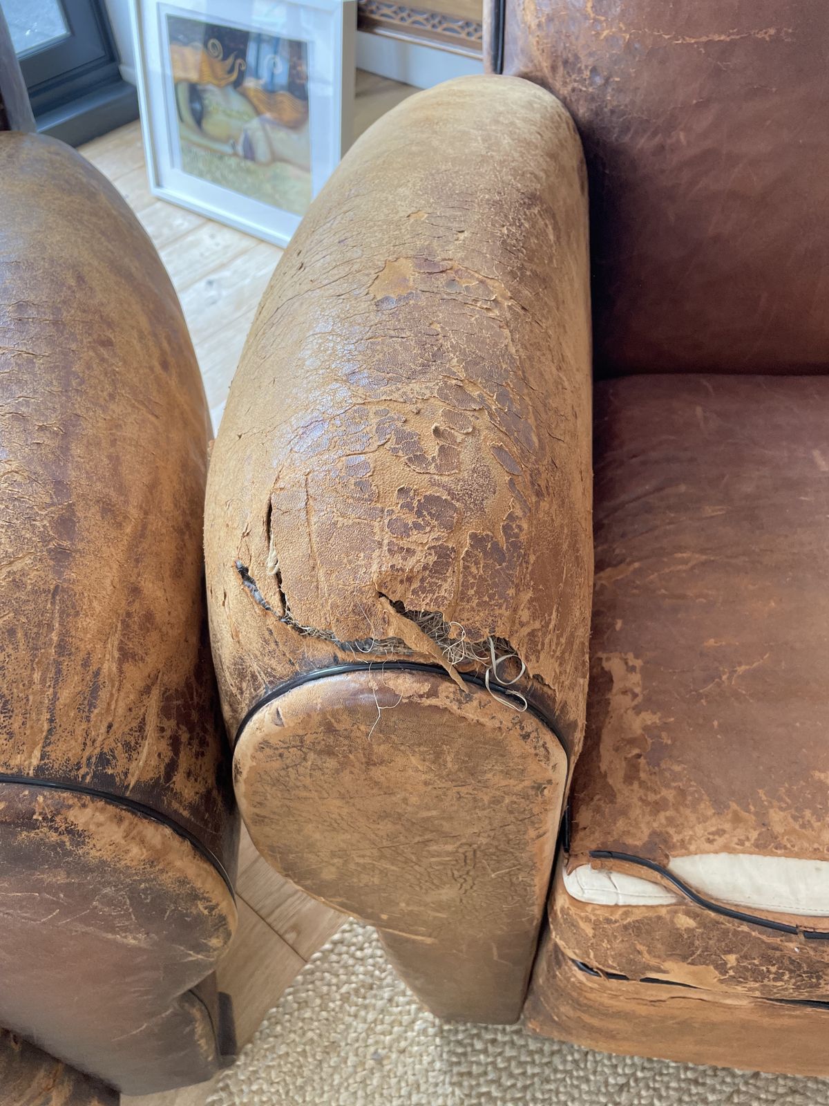 photo for sale Pair Of French Brown Leather Club Chairs Circa 1920 30 Original Condition
