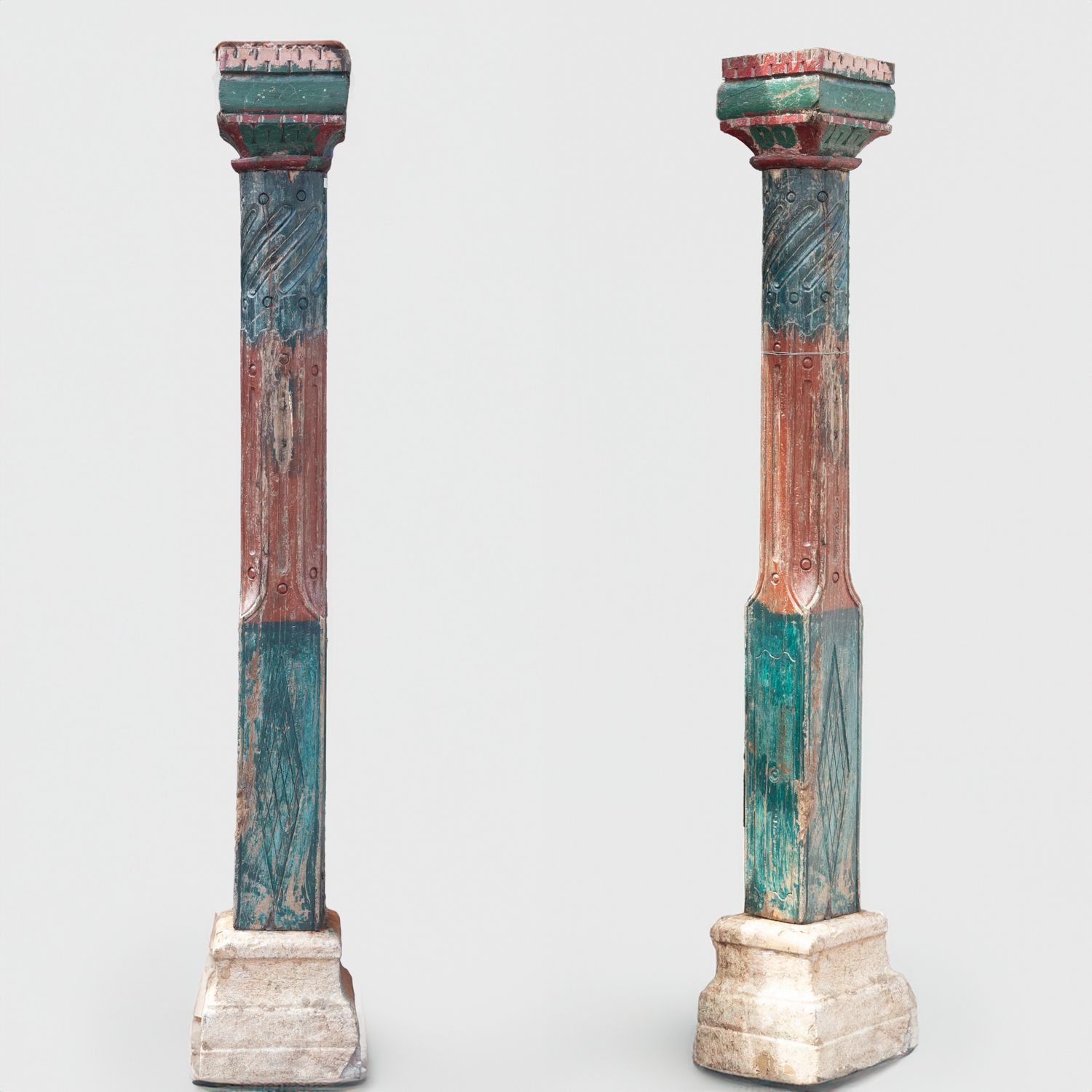 Pair Of Reclaimed Red & Green Carved Indian Columns On Stone Plinths H
