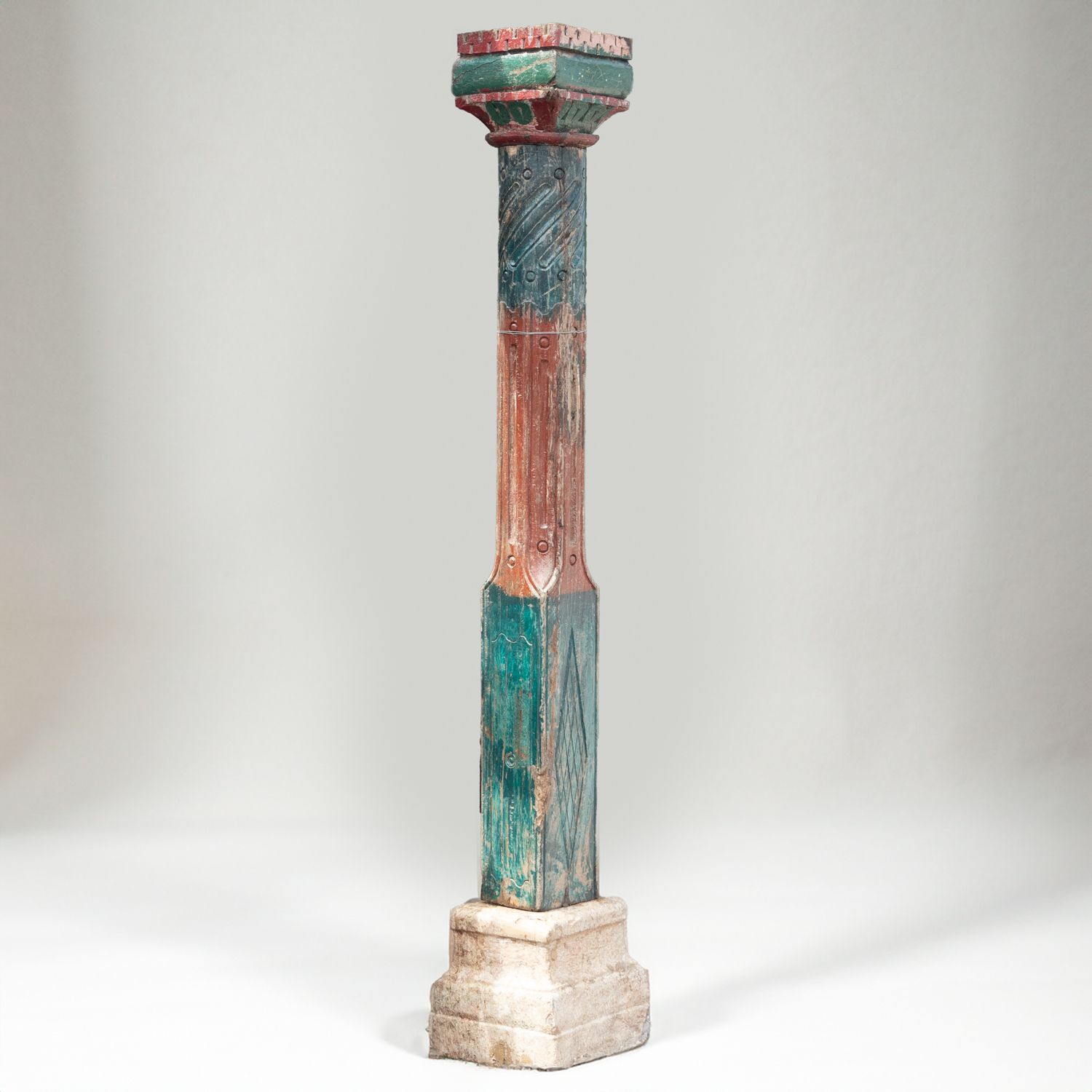 Pair Of Reclaimed Red & Green Carved Indian Columns On Stone Plinths H photo furniture