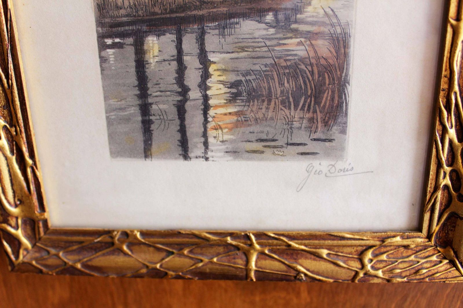 Circa 1900s Aquatint Etching, Signed By Artist Geo Doris, Carved Frame, Landscape Scenery Bridge Country Scene, photo furniture