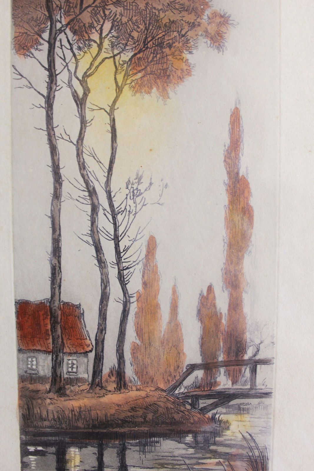 Circa 1900s Aquatint Etching, Signed By Artist Geo Doris, Carved Frame, Landscape Scenery Bridge Country Scene, photo for sale