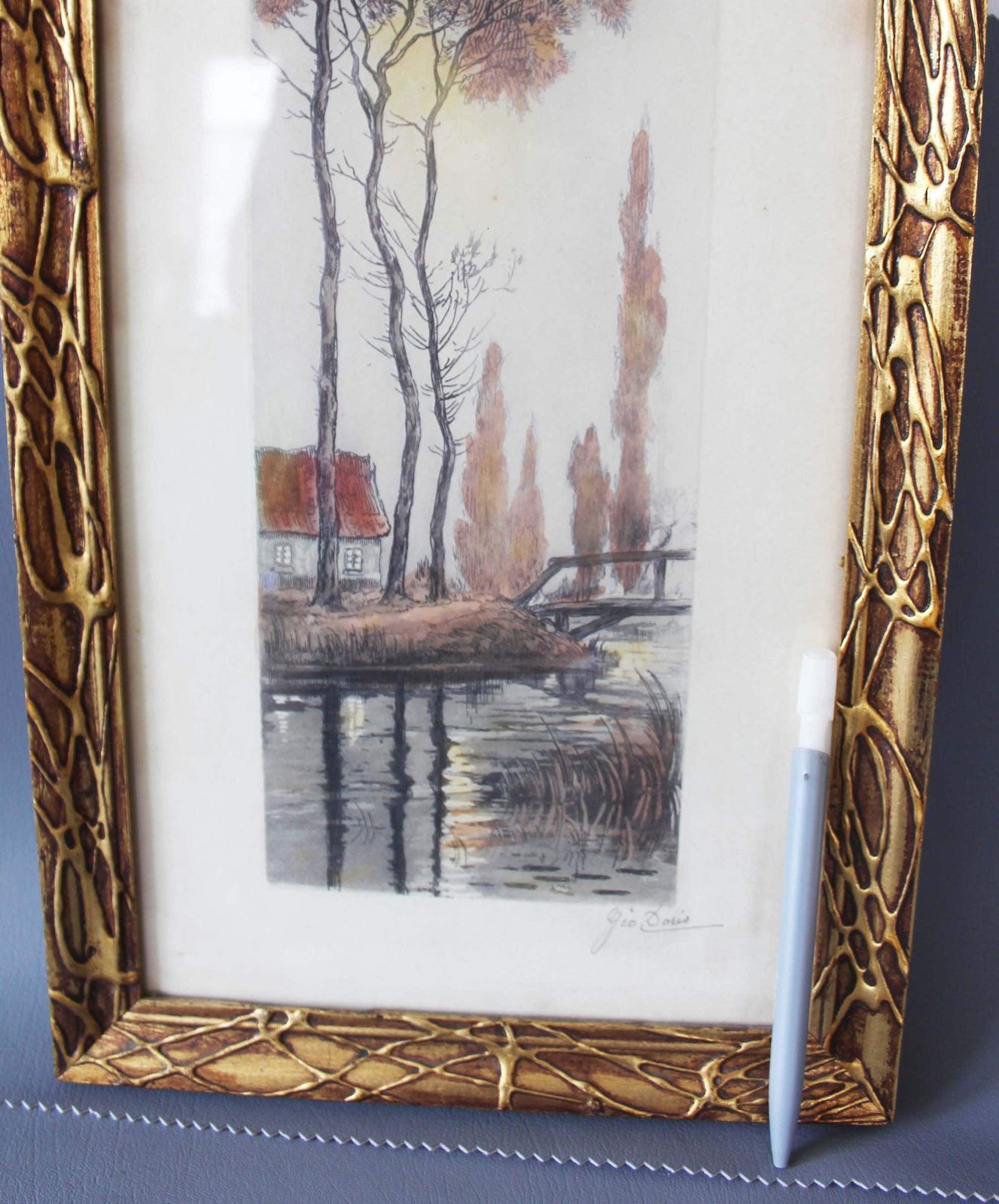 Circa 1900s Aquatint Etching, Signed By Artist Geo Doris, Carved Frame, Landscape Scenery Bridge Country Scene, photo Art