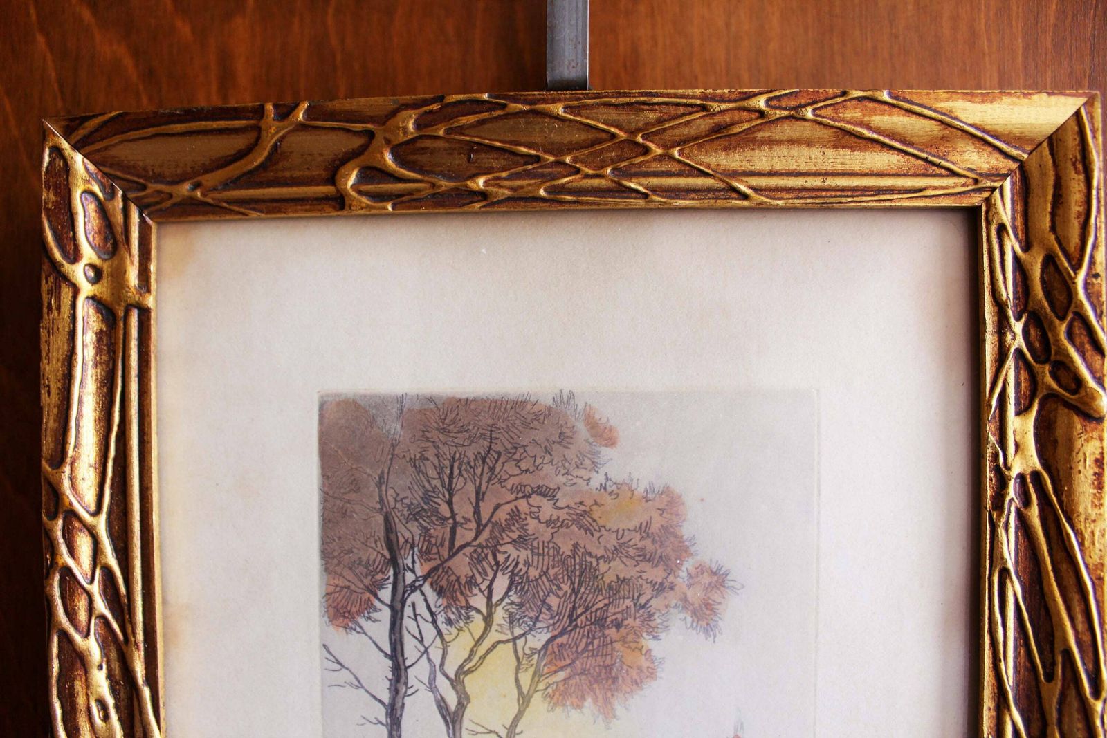 Circa 1900s Aquatint Etching, Signed By Artist Geo Doris, Carved Frame, Landscape Scenery Bridge Country Scene, photo 53.0