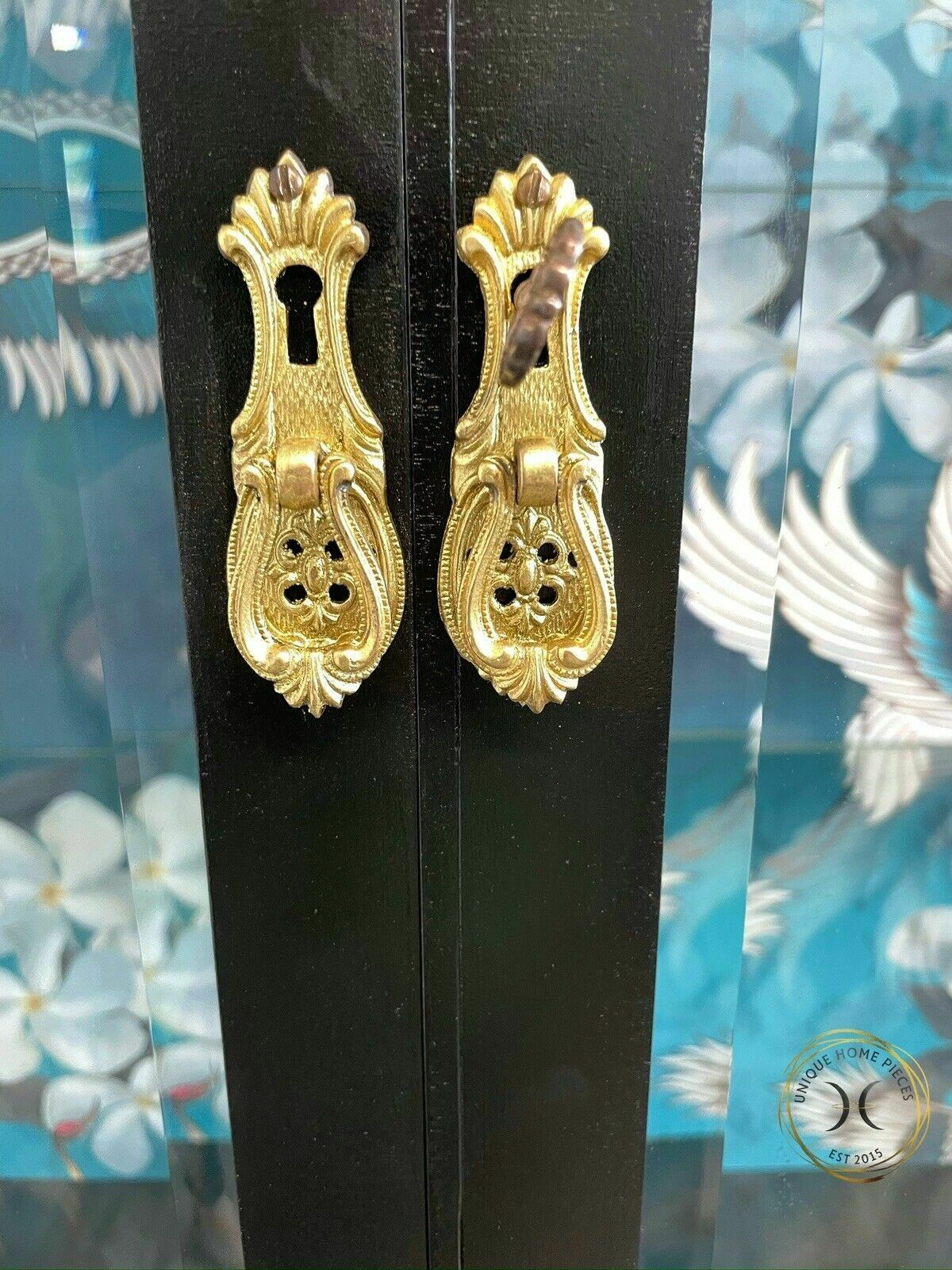 photo for sale Black Bevelled Glass Door Display Cabinet With Turquoise Crane Design