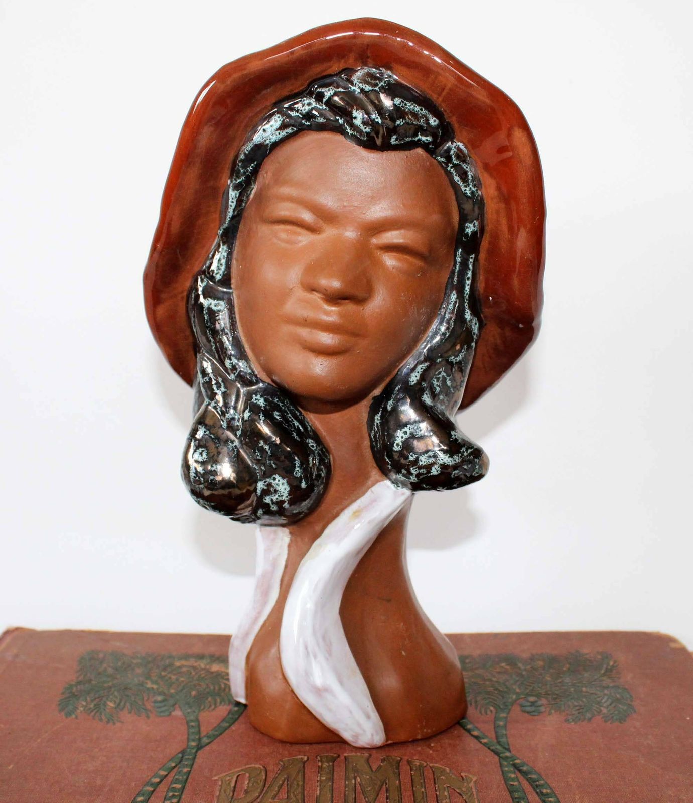 Vintage Circa 1970s Ceramic Sculpture, Lady With Hat, Dark Colored Skin, Brown Hat, Signed By Artist, Ceramic Art, Hand Made Hand Painted photo furniture