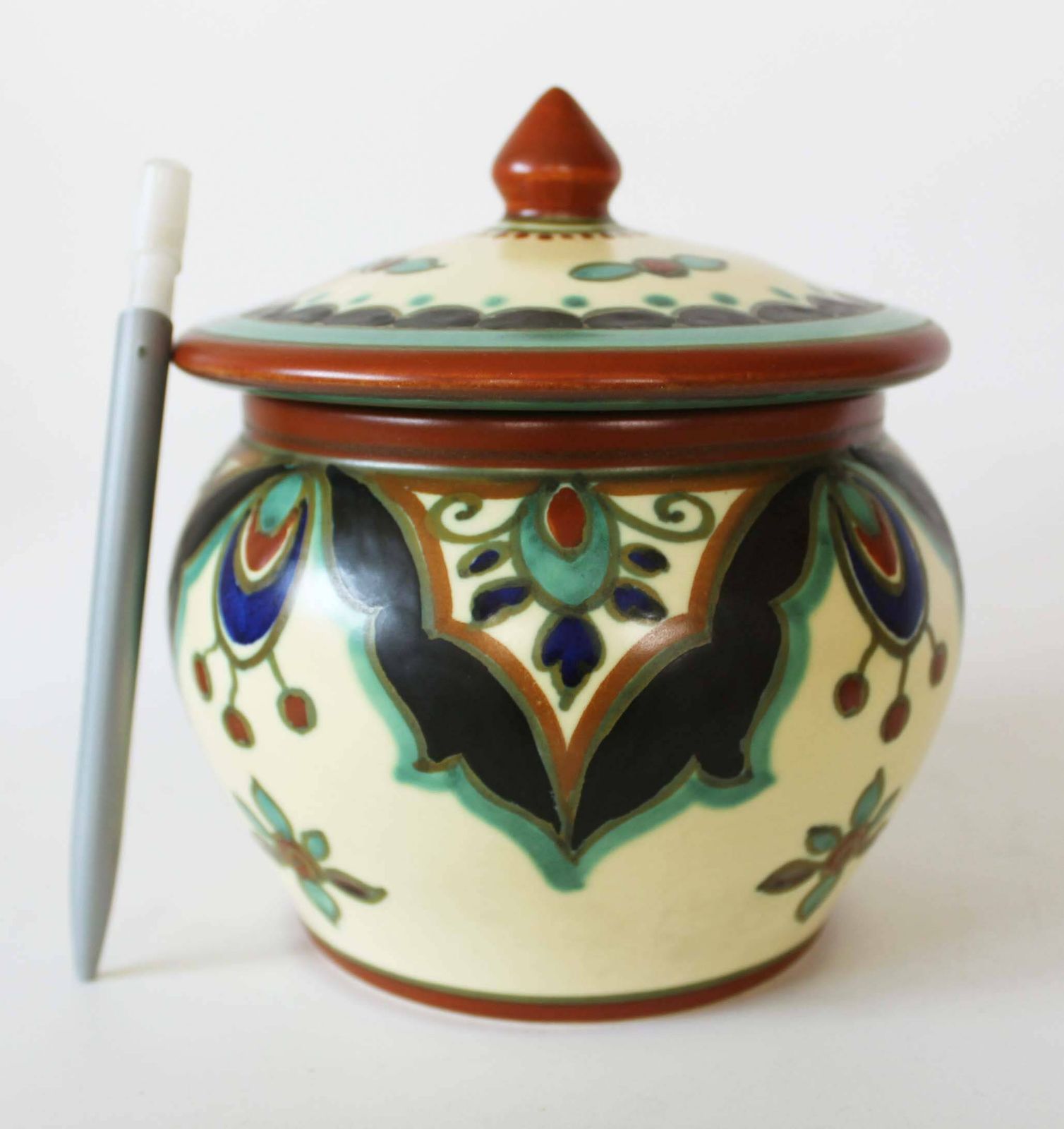 Antique Art Deco Circa 1930s Plazuid Pzh Gouda Art Pottery Tobacco Jar, Lidded Jar, Cookie Jar, Dutch, Signed, Lator Royal Zuid Holland photo for sale