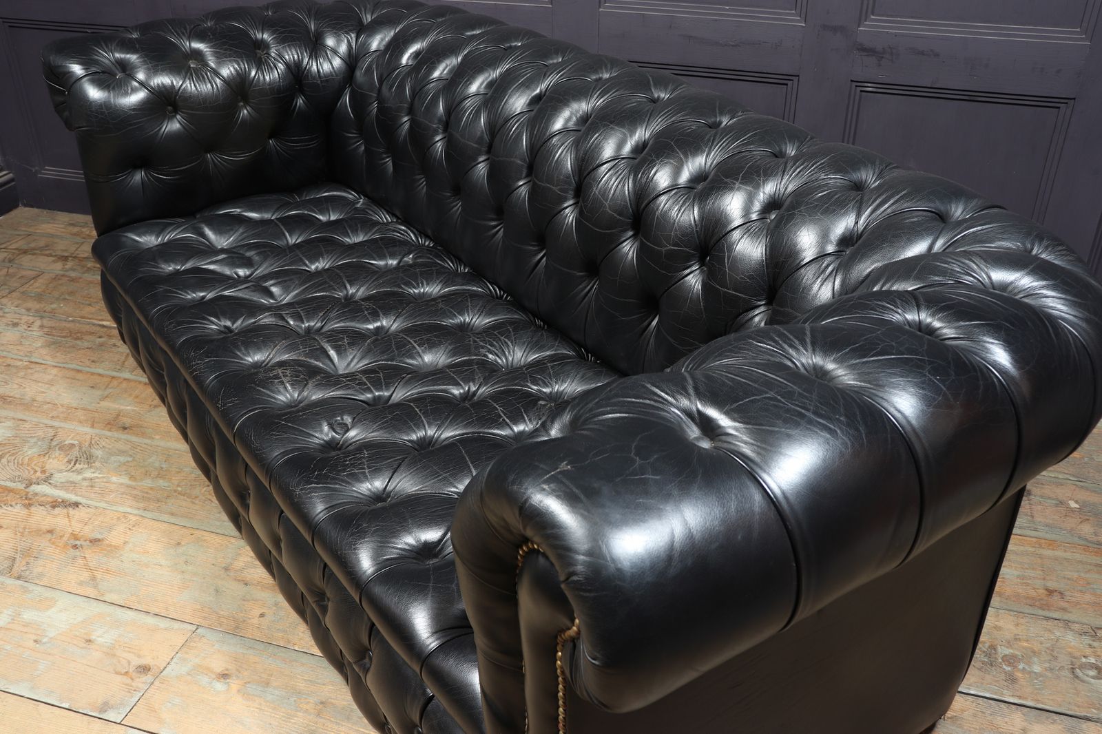 photo for sale Black Leather Buttoned Seat Chesterfield Sofa