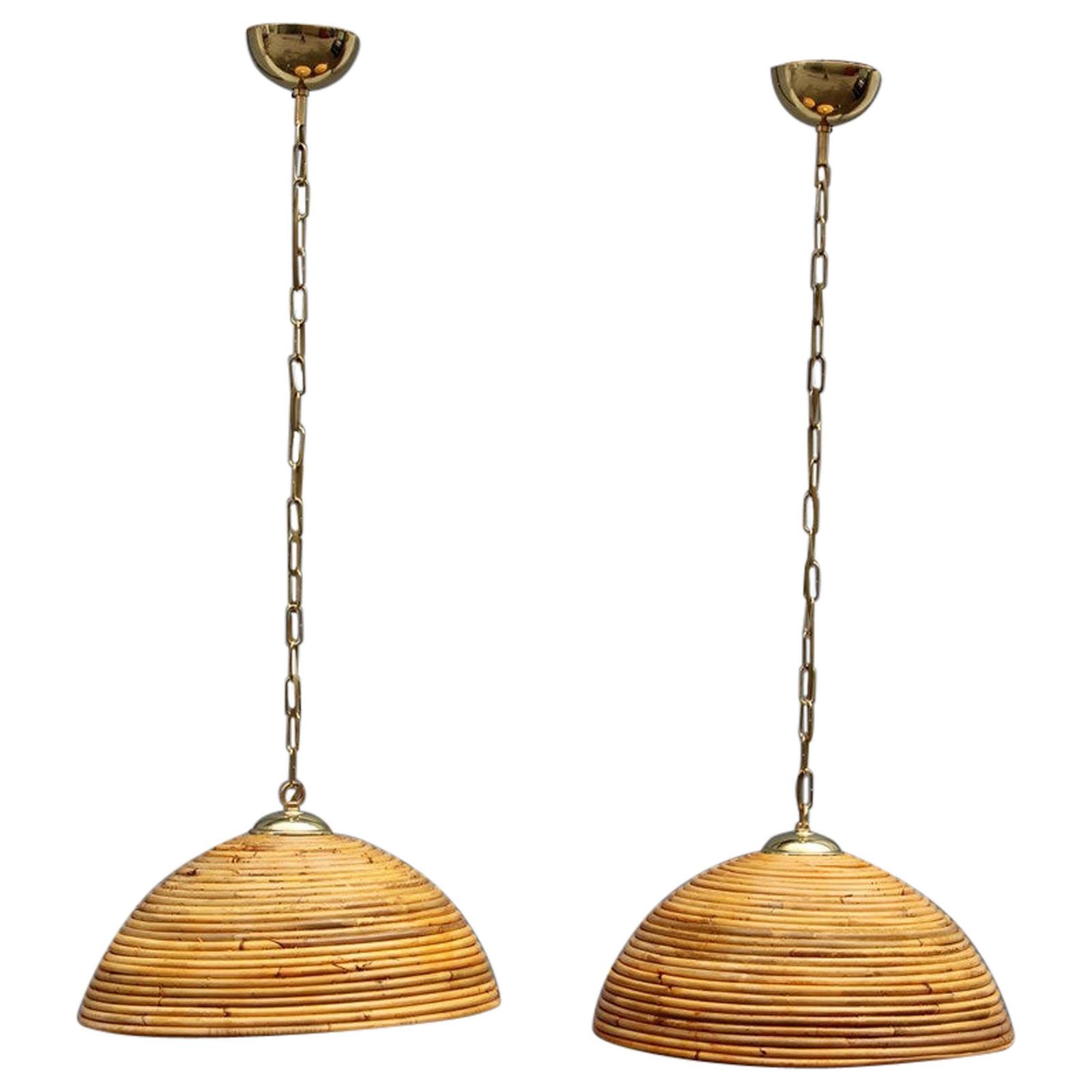 Pair Mid Century Round Chandelier Bamboo Italian Design Vivai Del Sud 1950s