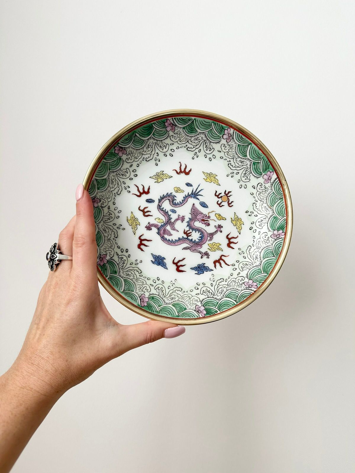 Japanese Porcelain & Brass Bowl Made In Hong Kong Exclusively For Horchow Collection, Dragon Motif photo furniture