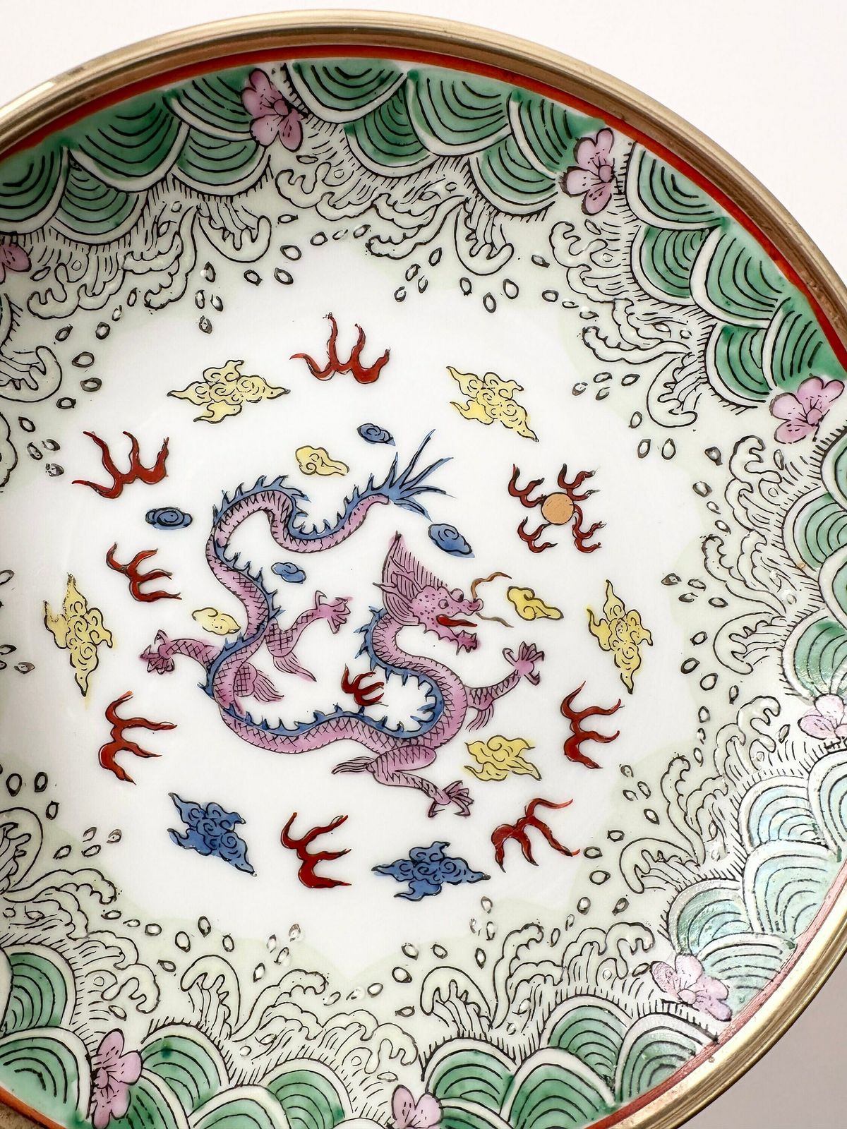 Japanese Porcelain & Brass Bowl Made In Hong Kong Exclusively For Horchow Collection, Dragon Motif photo for sale