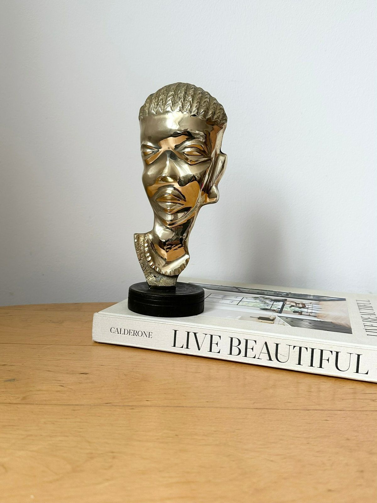 Vintage African Brass Head Sculpture On Wooden Stand