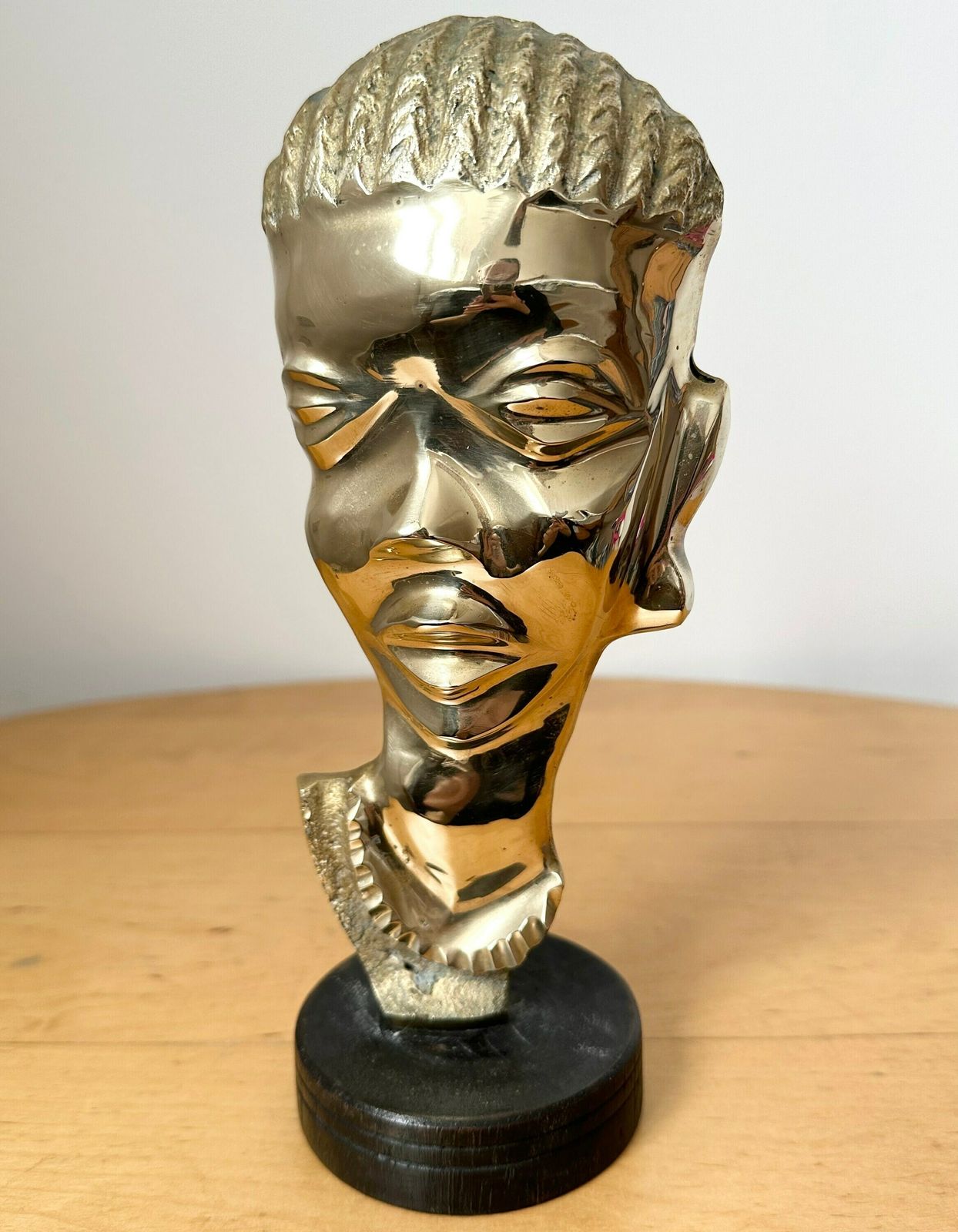 Vintage African Brass Head Sculpture On Wooden Stand photo for sale