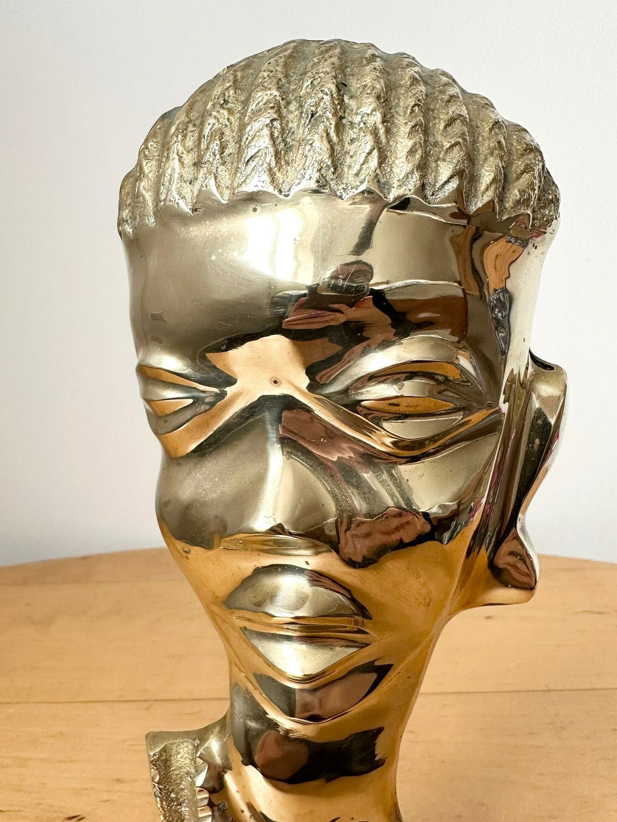 Vintage African Brass Head Sculpture On Wooden Stand photo Art